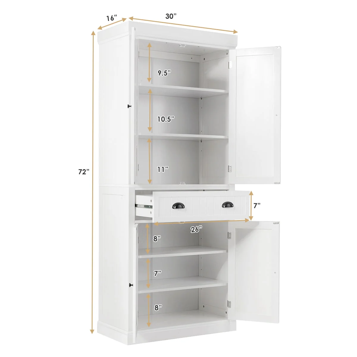 Gymax Kitchen Cabinet Pantry Cupboard Freestanding W/Adjustable Shelves White