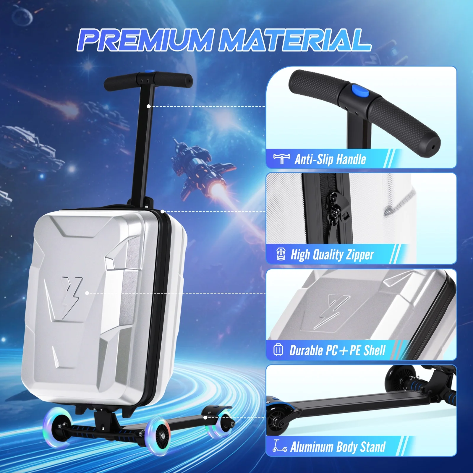 Advwin Ride-On Scooter Suitcase with LED Light-up Wheels, Hardshell Lightweight Foldable Rideable Luggage for Kids & Adults, Silver
