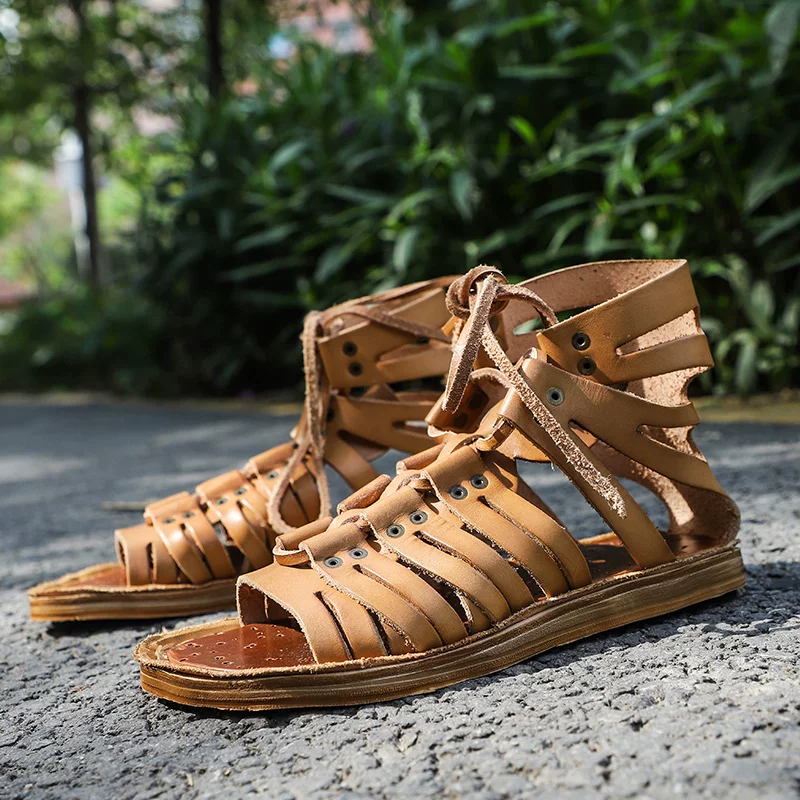 Men's handmade first-layer cowhide retro high-top sandals
