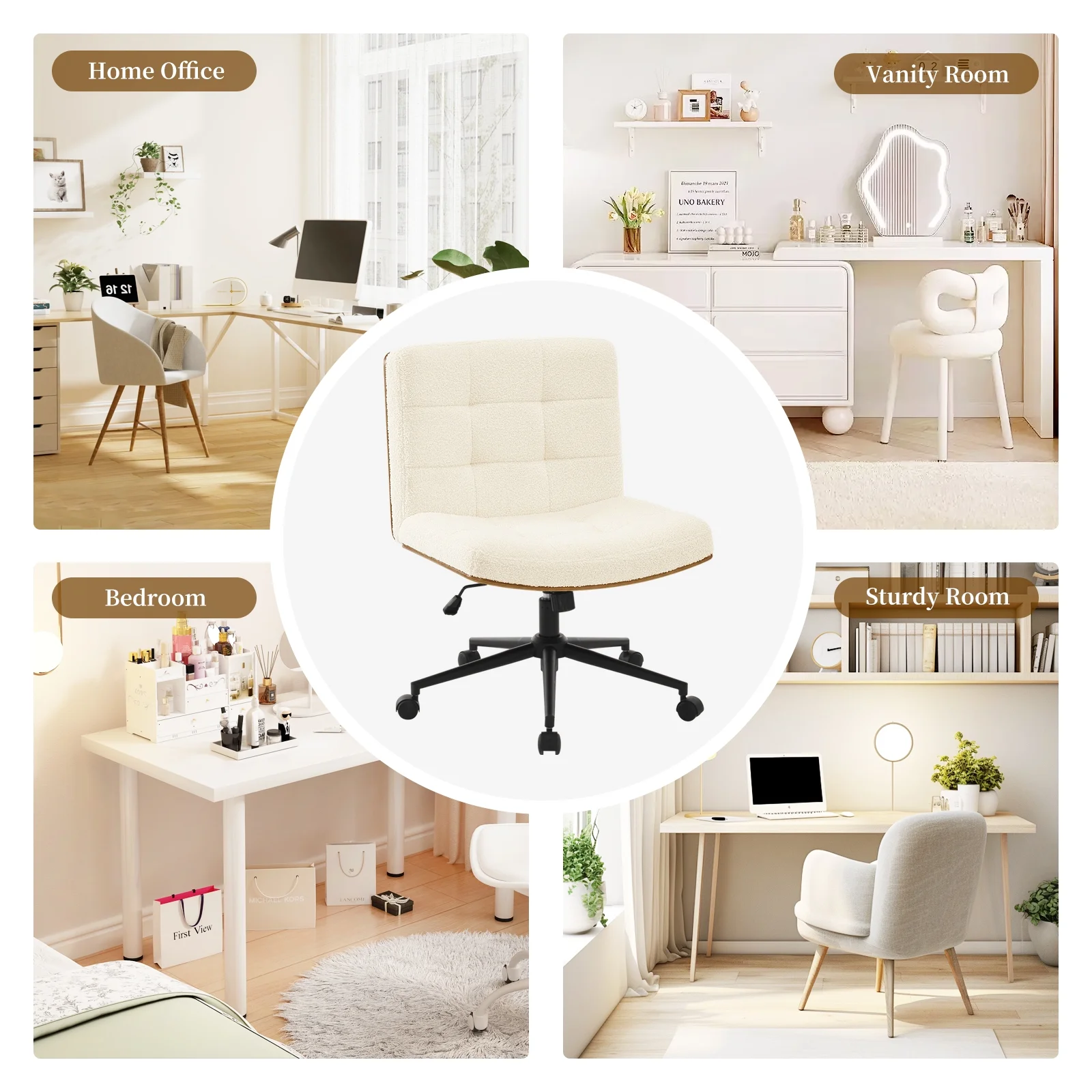 Modern Walnut Office Chair, Wide Seat Swivel Task Chair, Armless Ergonomic Chair with Wheels for Home Office, Bedroom, Ivory White