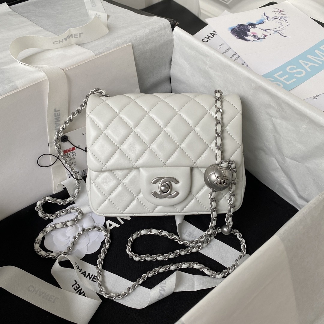 Chanel Mini Square CF 17CM Silver Ball Pearl Crush Quilted Leather Flap Chain Shoulder Bag /10A
