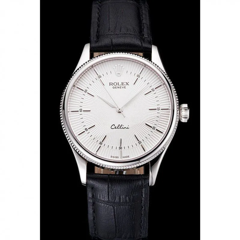 Swiss Rolex Cellini White Guilloche Dial Stainless Steel Case Black Leather Strap