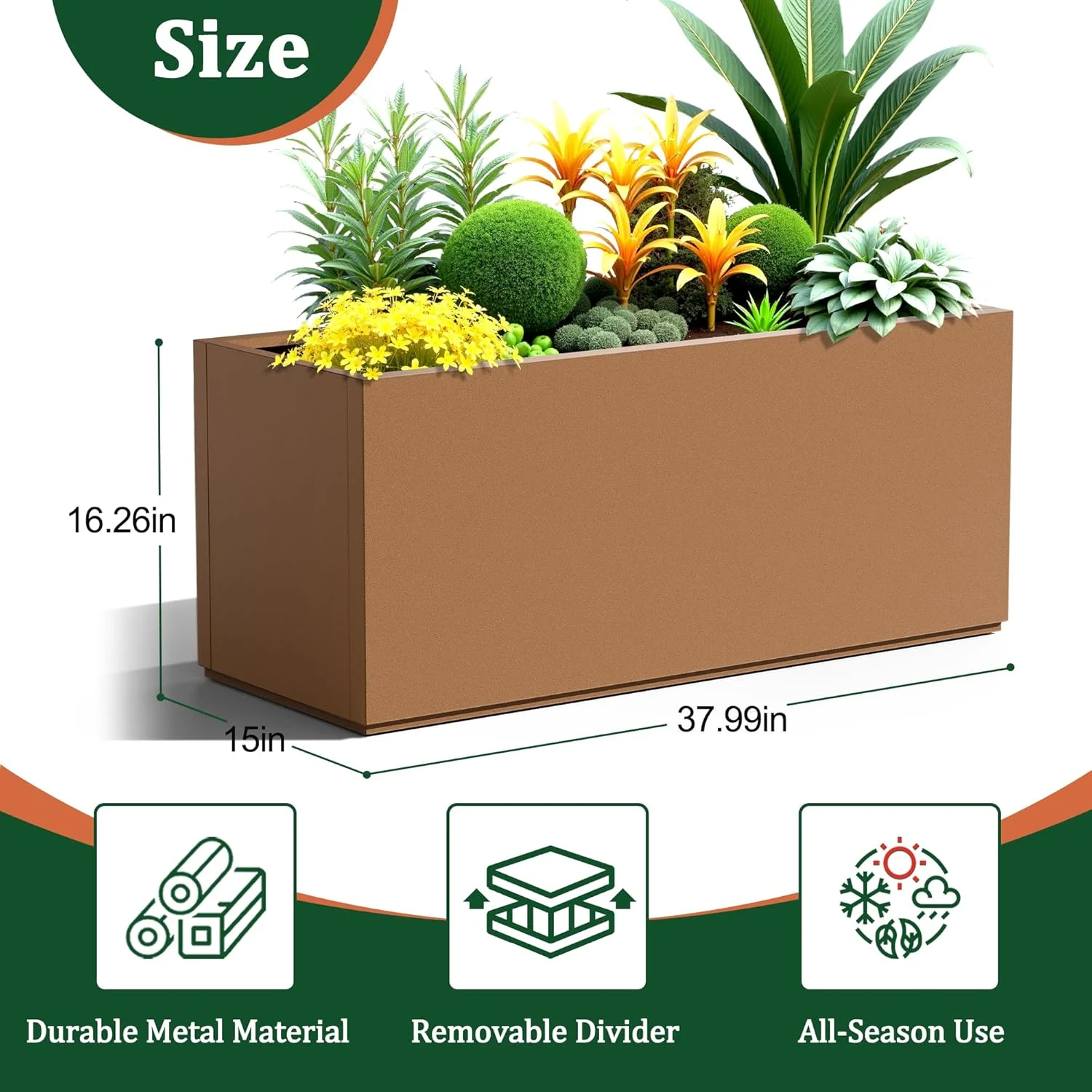 Large Rectangle Planter Metal Brown Planter Box with a Drainage Hole and a Removable Divider Indoor Outdoor Porch Pots for Tall , Trees, Flowers 37.99"x 15" x 16.26" Brown