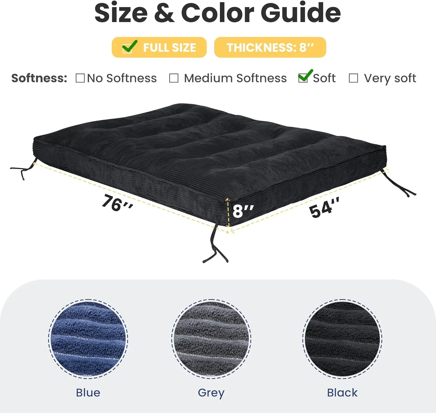 8 Inch Futon Mattress Full Size, Extra Thick Futon Sofa Bed Upgraded Japanese Floor Mattress Floor Futons Mattress for Adults Foldable Japanese Futon Mattress 8", Black (Frame Not Included)