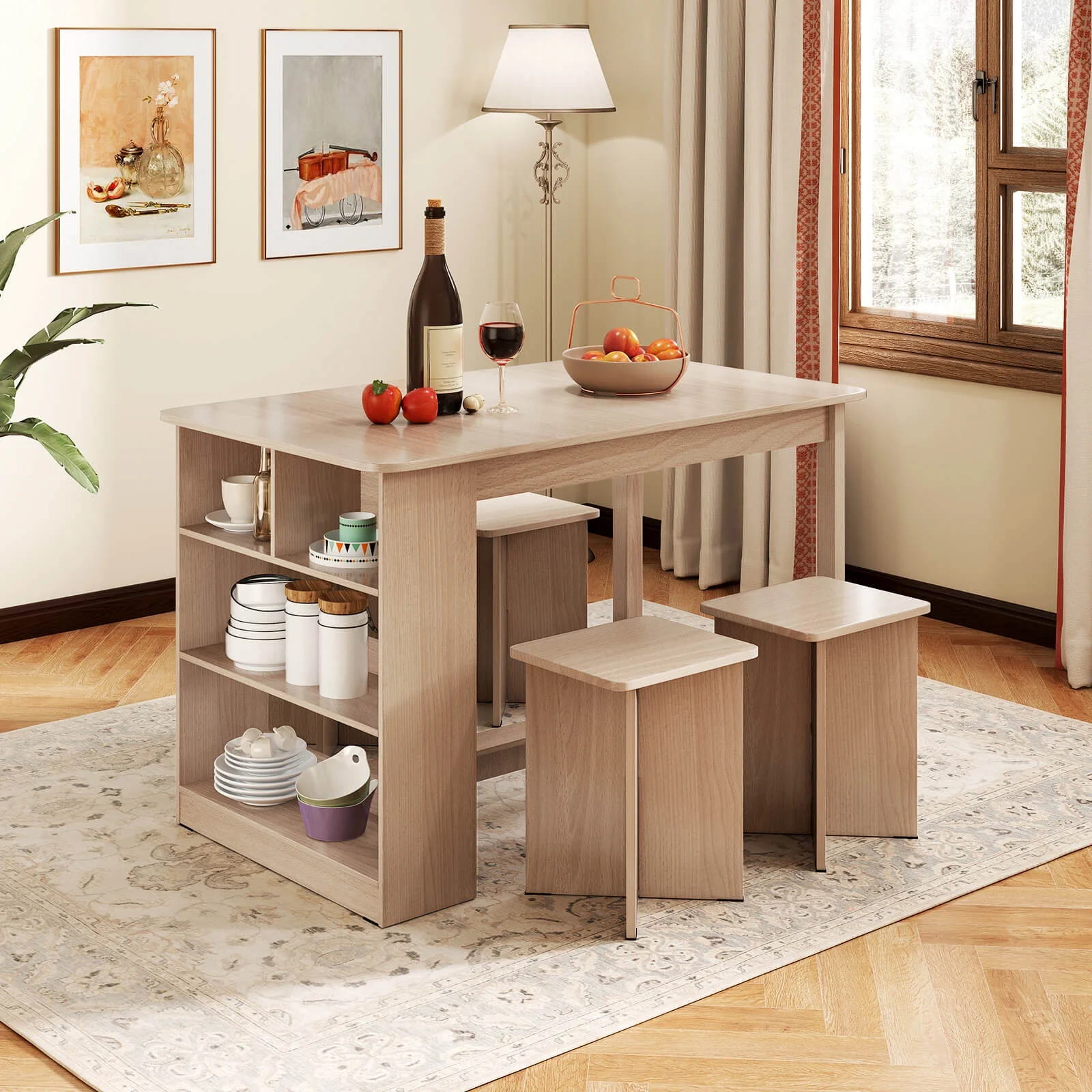 Costway 5 PCS Dining Table Set with Storage Shelf Rectangular Kitchen Table with 4 Stools Beige