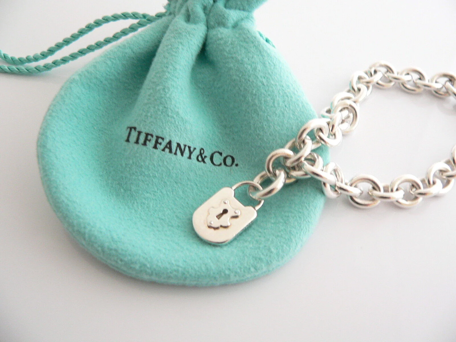 Tiffany & Co Silver Padlock Key Locks Bracelet Bangle Charm Pendant Gift Pouch