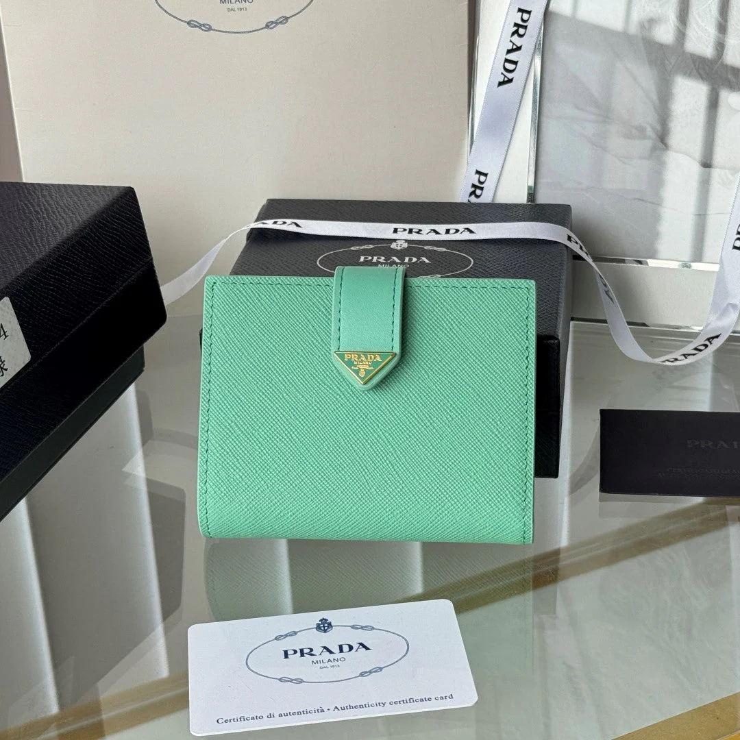 Prada 1MV204 Small Wallet Light Green Saffiano & Smooth Leather
