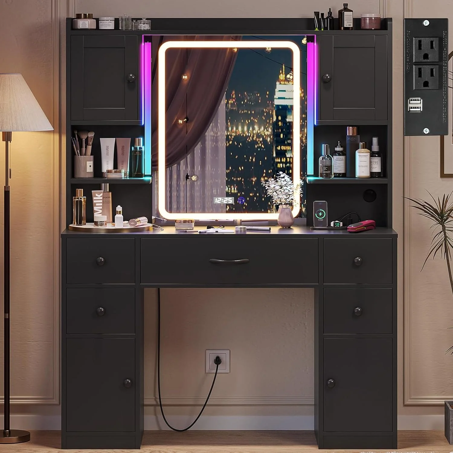 Tiptiper Large Vanity Desk with Lighted Mirror, 5 Drawers Makeup Vanity with Charging Station and Smart Mirror, Time Temperature Display, White