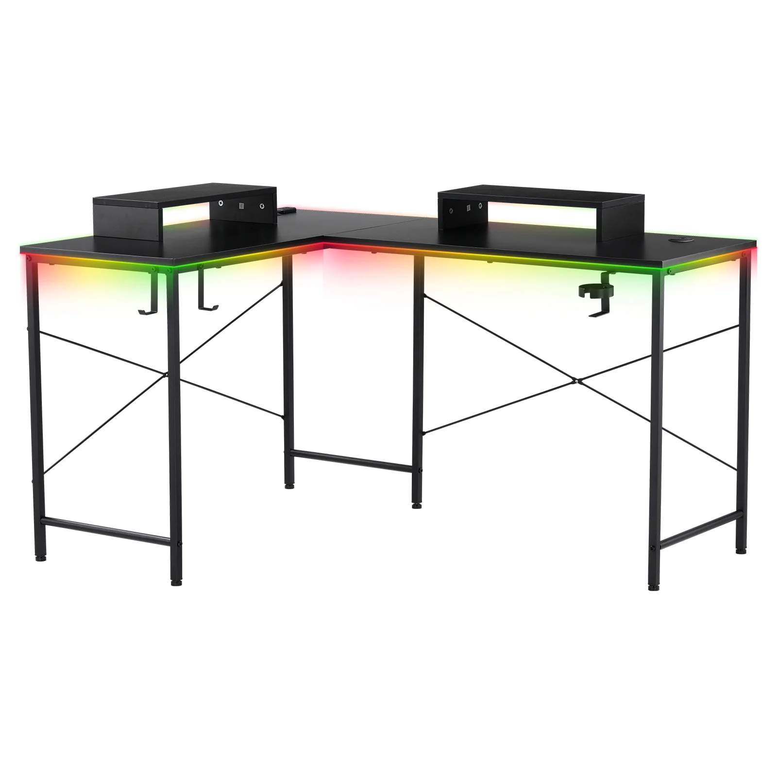 GTRACING L-Shaped Gaming Desk with RGB Light and Removable Storage Stands, Black