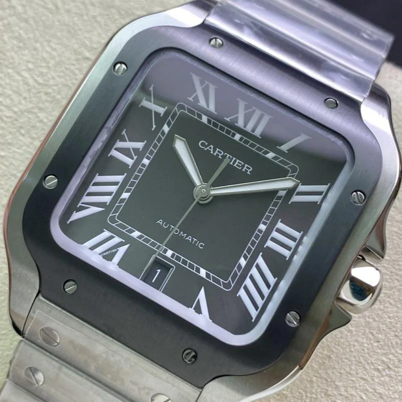 Cartier Watch SANTOS DE CARTIE LARGE STEEL CASE BLACK BEZEL WHITE DIAL