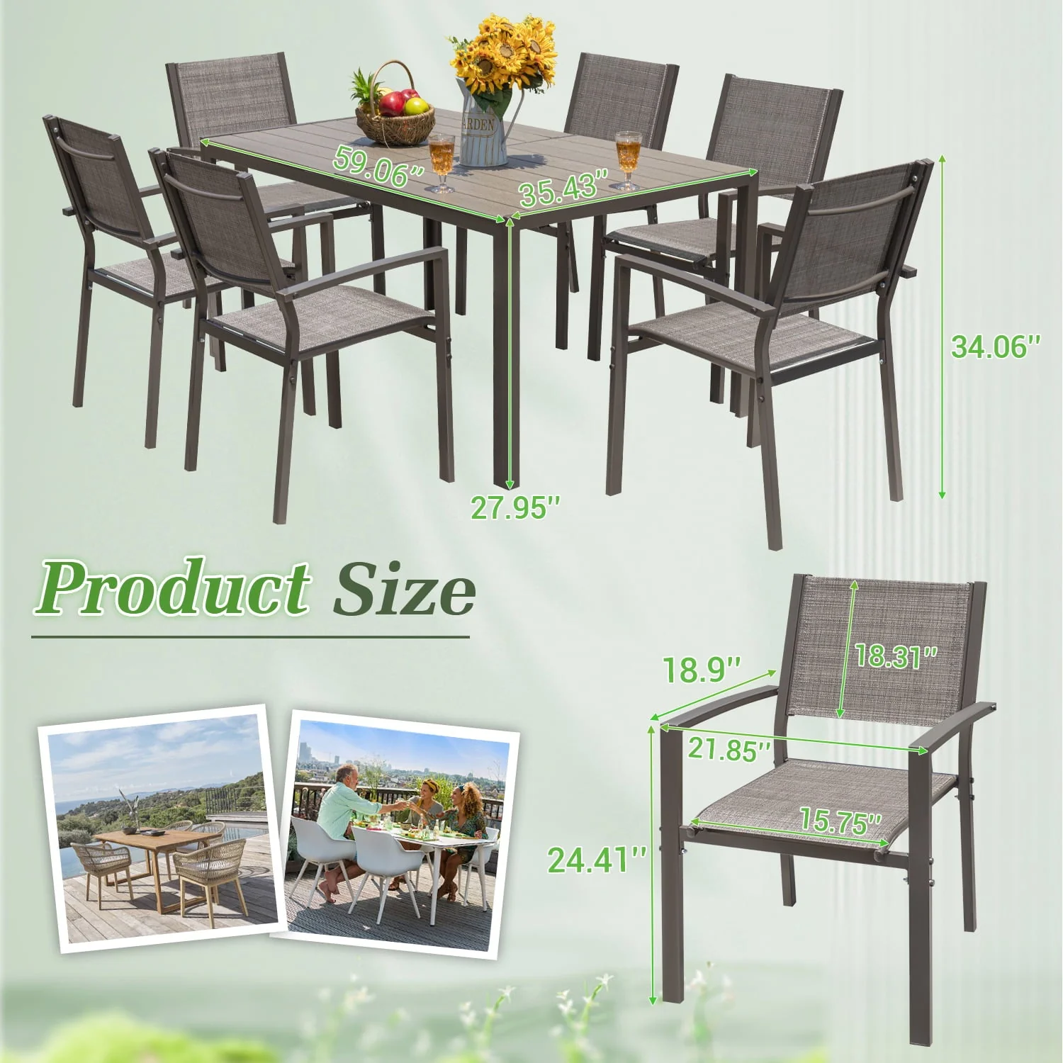 Devoko 7 Pieces Patio Conversation Set,  Patio Dining Set Outdoor Furniture Set 6 Stackable Textilene Armchairs with Rectangular Table, Light Gray