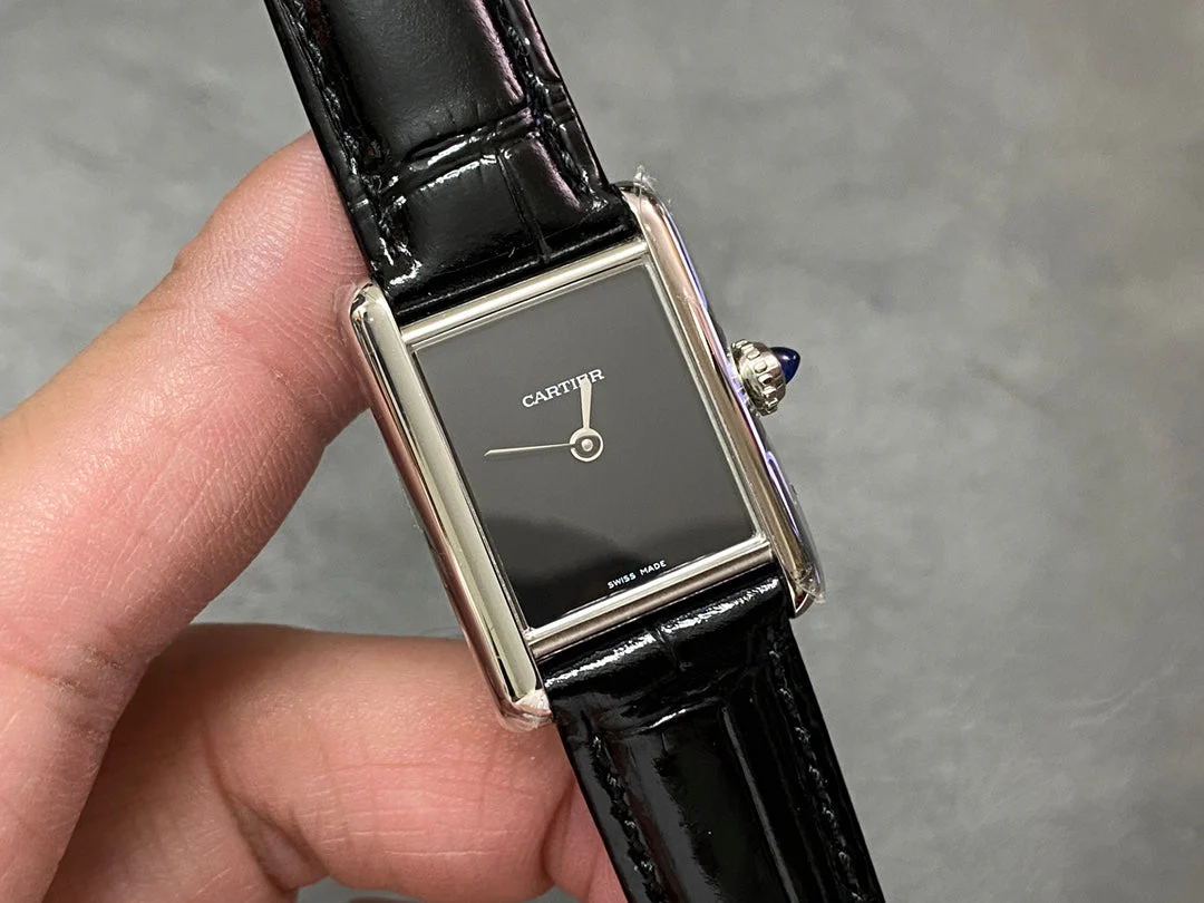Cartier Watch Tank 29.5mm Silver Black Leather