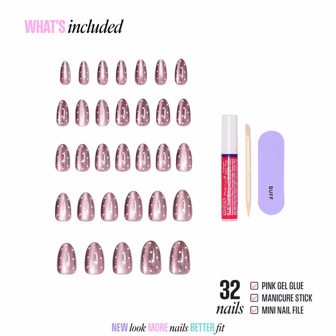 Kiss  Glam Embellished Medium Almond Press On Nails, Velvet Noir