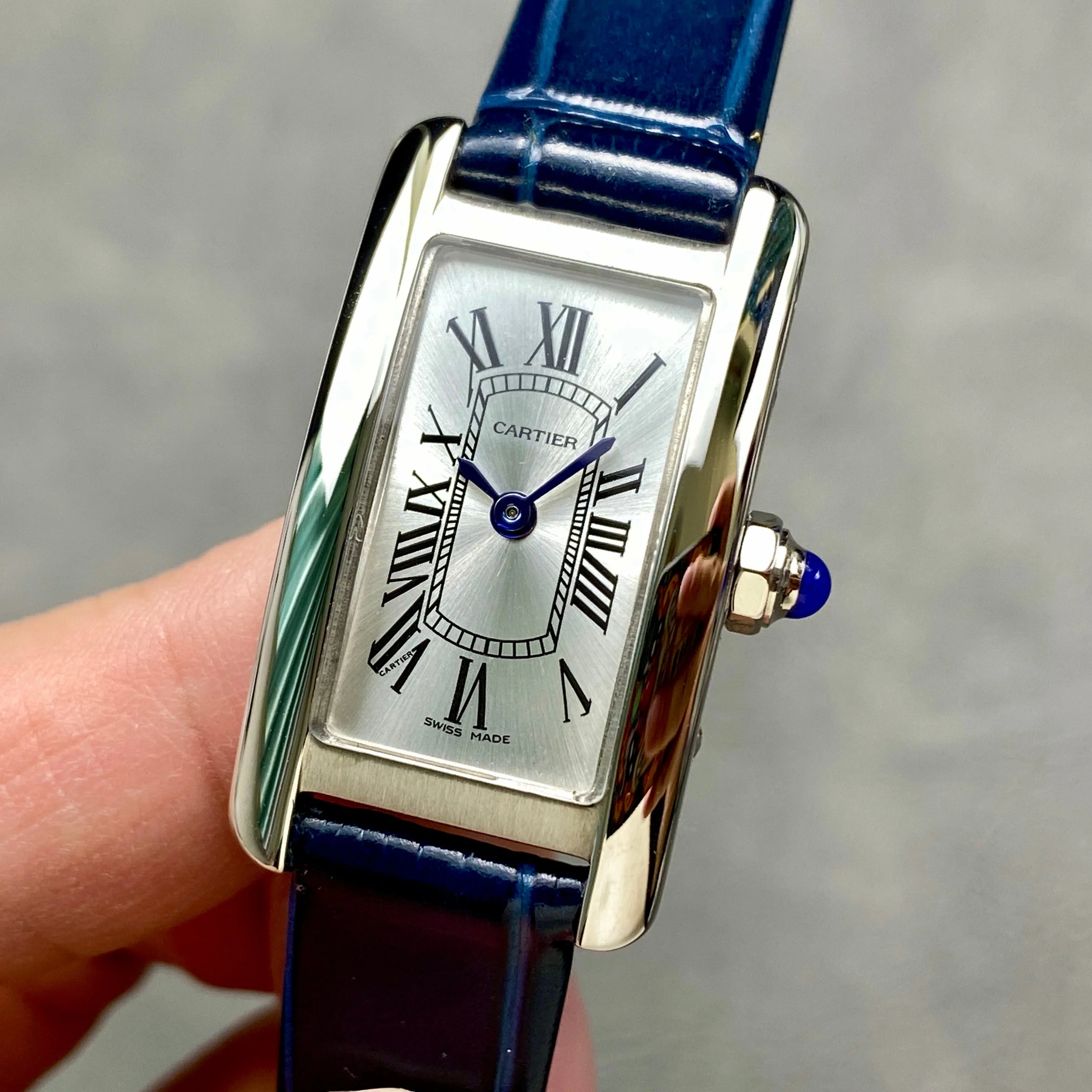 Cartier Watch Tank Americane 20mm Silver Case Blue Leather Strap