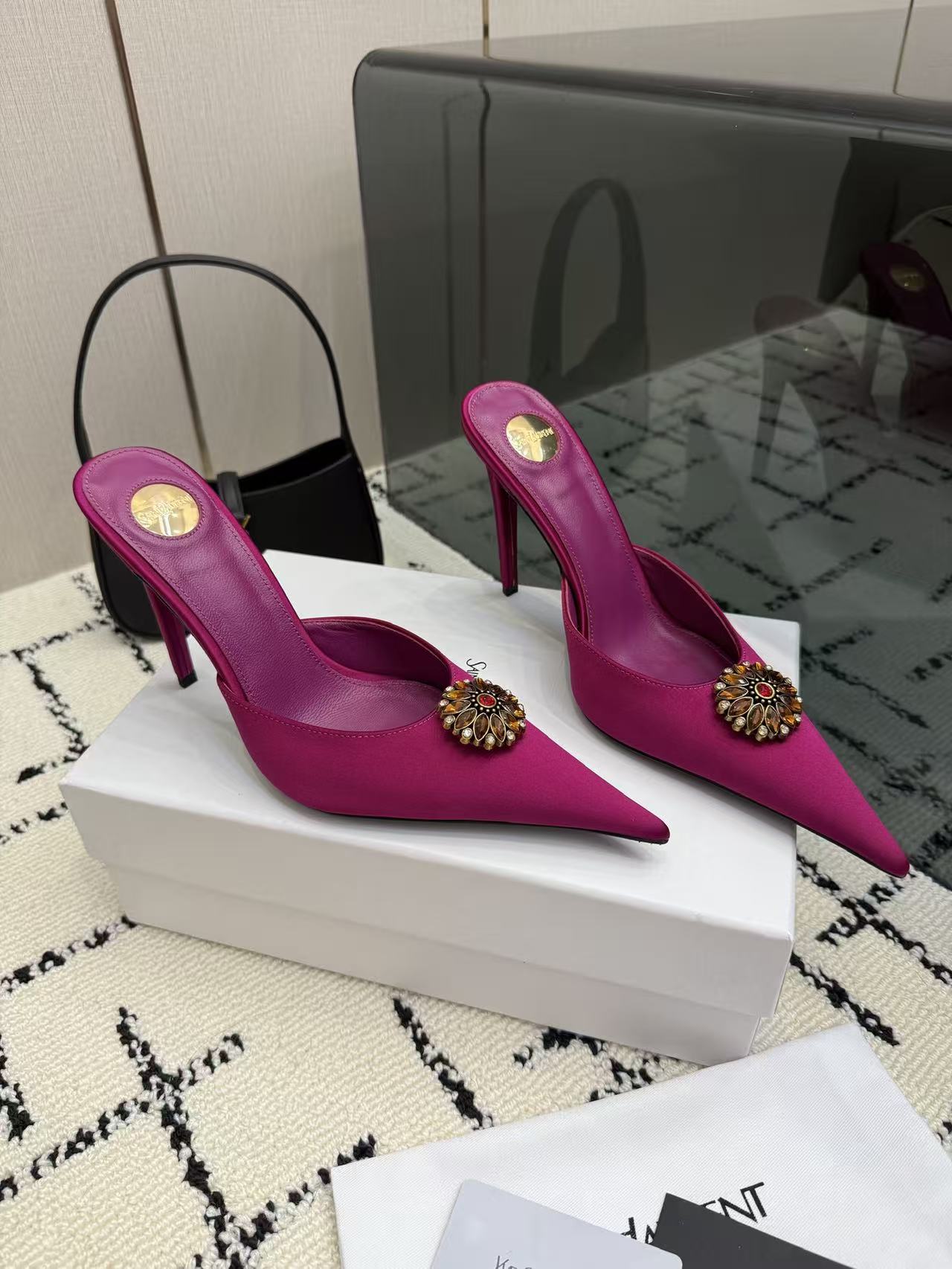 YSL Fuchsia Magenta Pointed Toe Satin Crystal Brooch Stiletto Heel Mules Sandals