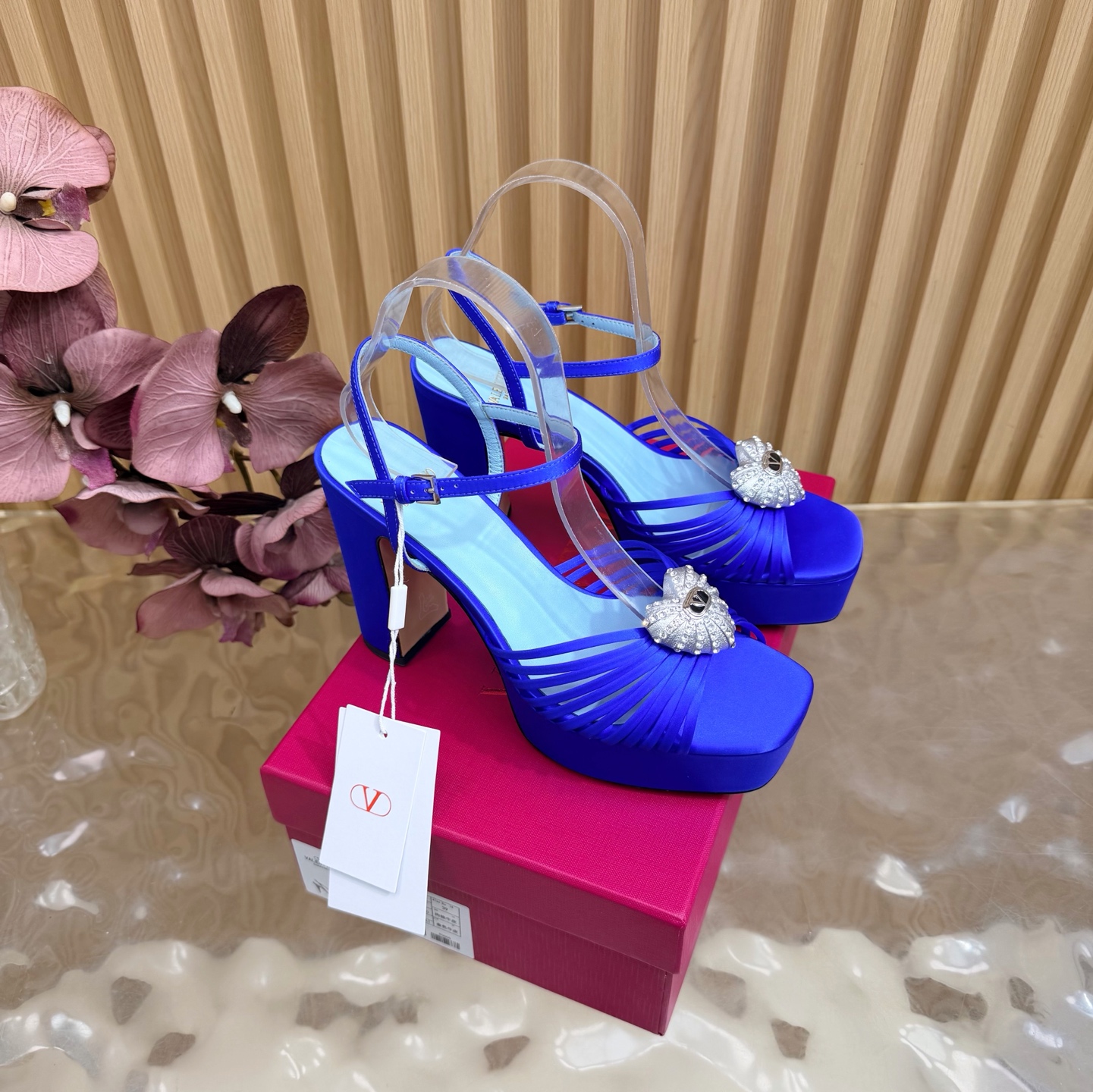 Valentino Garavani Blue VLogo Crystal Brooch Satin Multi Straps Platform Square Toe Chunky Heel Sandals