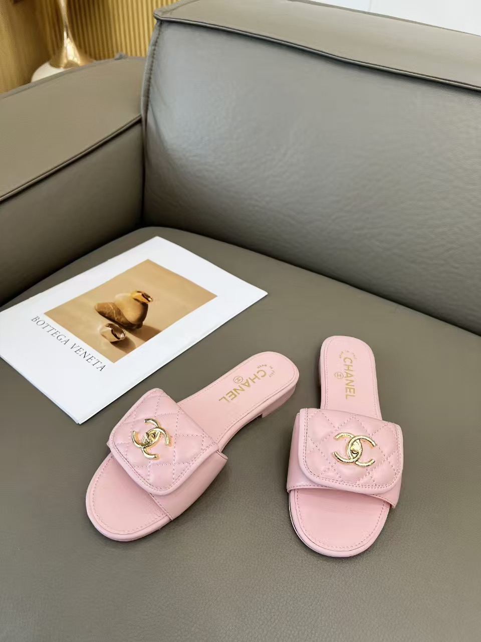 Chanel Light Pink Quilted Flat Mules Sandals