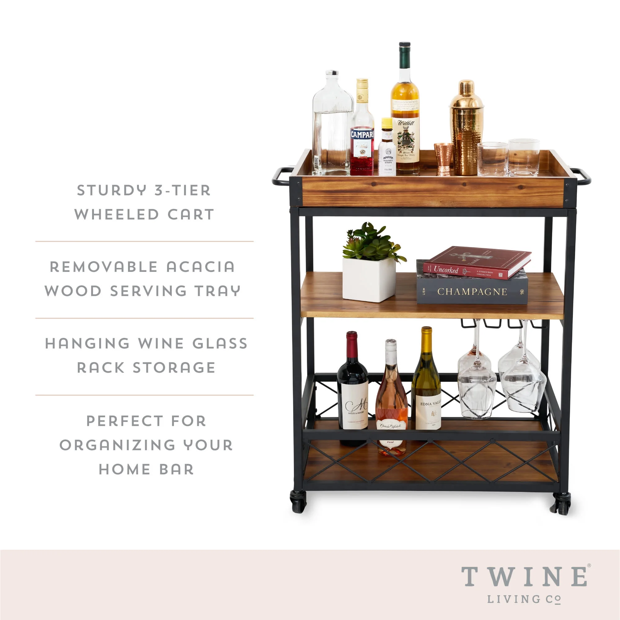 Twine Modern Manor Bar Cart, Portable Bar with Removable Tray, Serving Cart