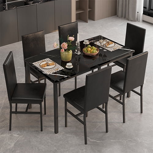 7 Piece Kitchen Dining Table & Chair Set, Dining Room Table Set with Faux Marble Tabletop PU Leather Padded Chairs, Rectangle Dining Table Set for 6, Dinette Set for Kitchen Dining Room Small Space