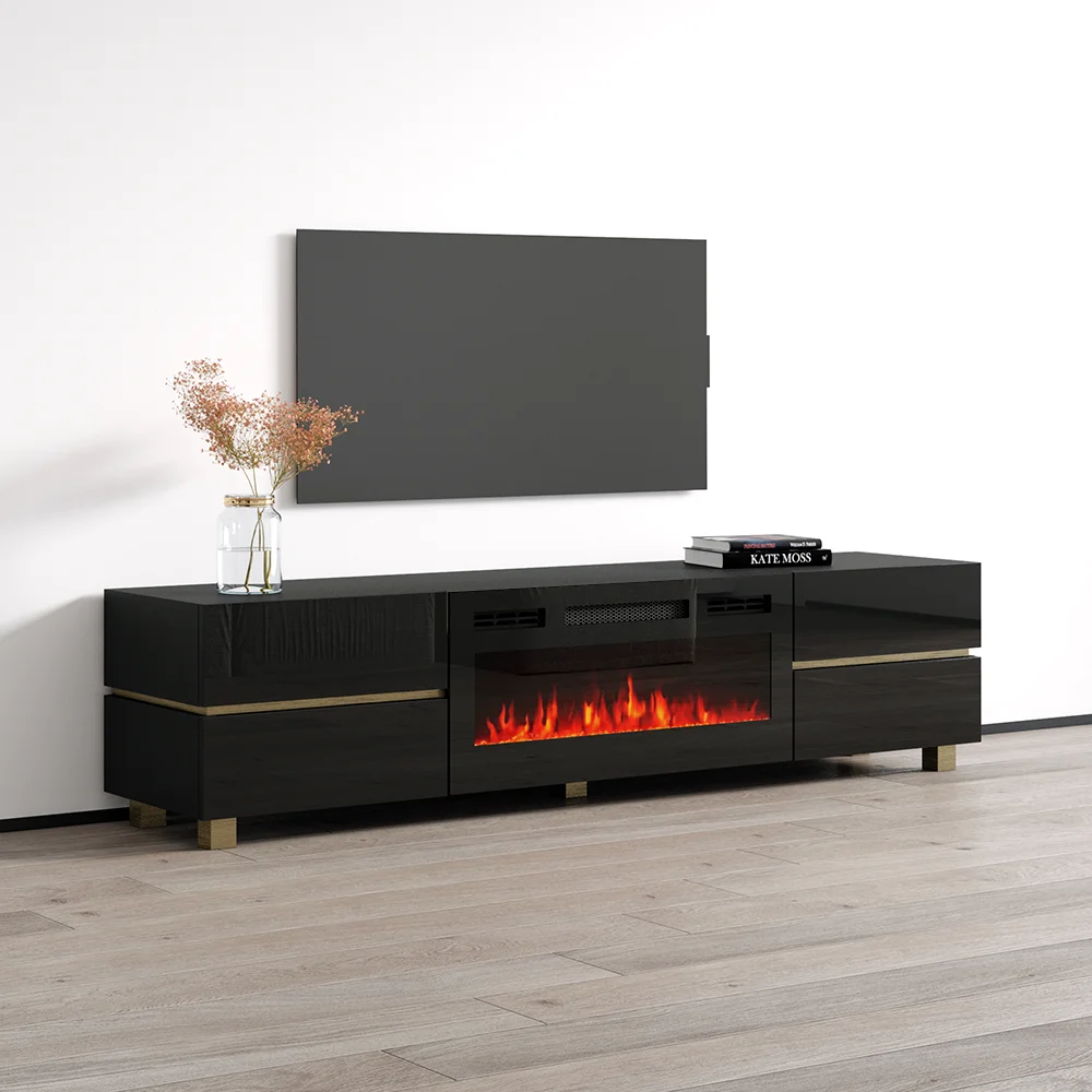 Bono 01 BL-EF Fireplace TV Stand for TVs up to 80", Modern High Gloss 71" Entertainment Center, Electric Fireplace TV Media Console with Storage Cabinets