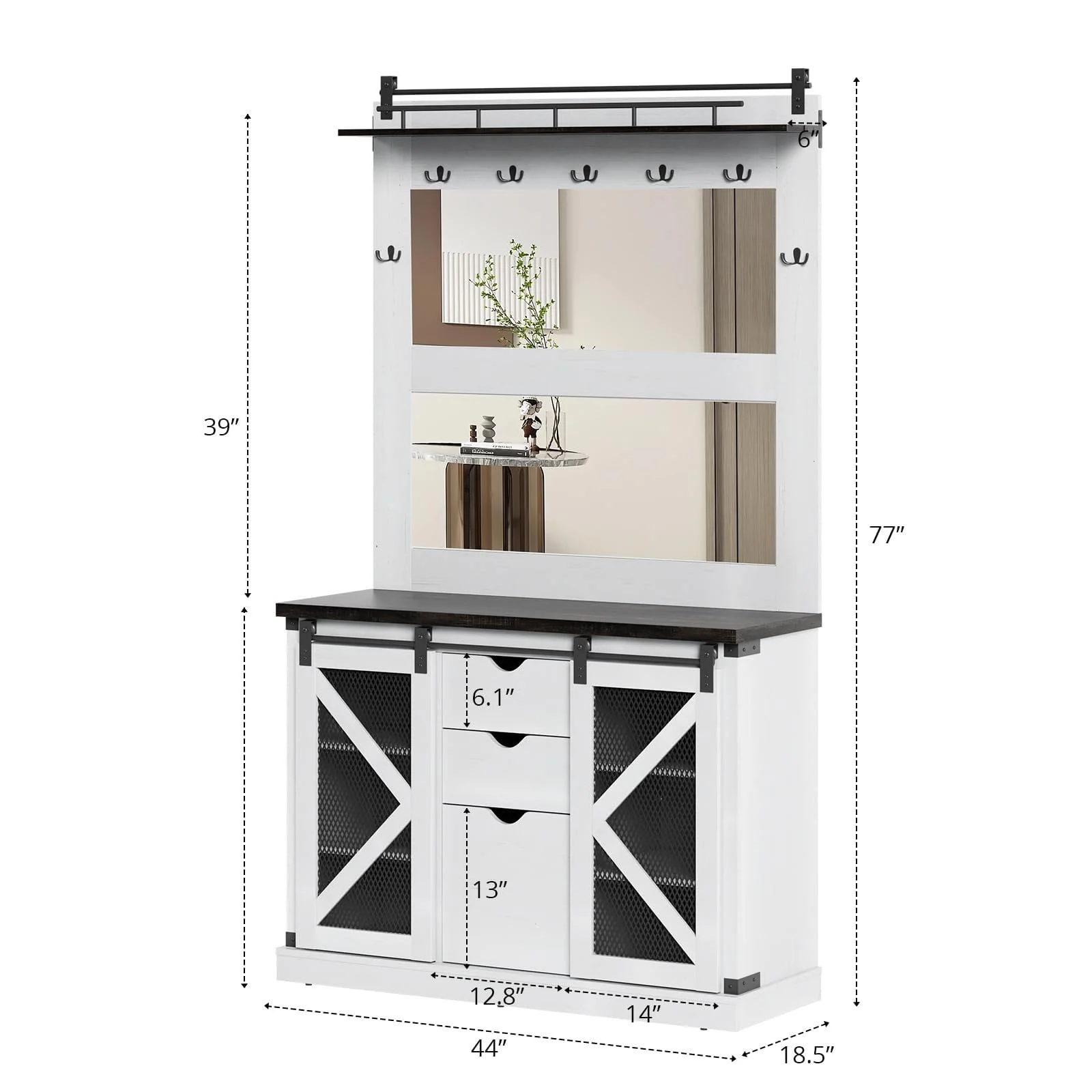 Danolapsi Home Farmhouse Hall Tree with Adjustable Shoe Cabinet Partition, Integrated Coat Rack, 2 High-Definition Mirrors, 3 Drawers, Classic Detail Design, Wood Material, Excellent Stability