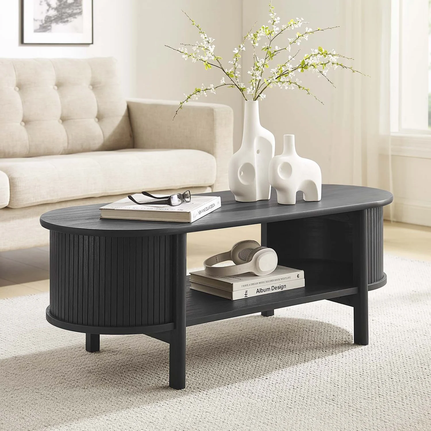 Coffee Sofa Side Table, Black, Wood, Oval, Living Kitchen Cafe Bistro Hospitality Restaurant, Modern Contemporary HB36879