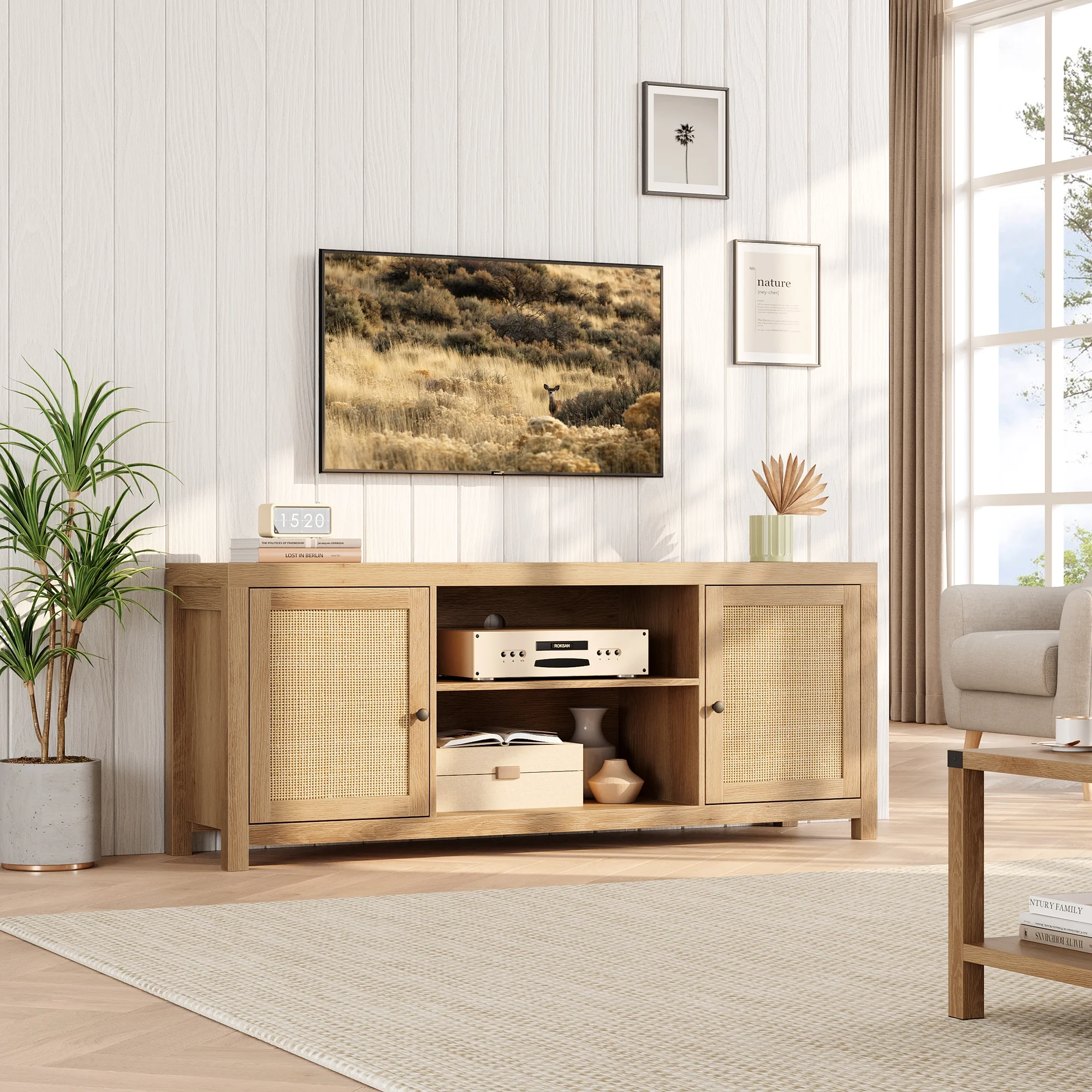 Rattan TV Stand for 65 Inch, Boho Entertainment Center with Storage and Doors, Wood TV & Media Console Under TV Cabinet Furniture for Living Room
