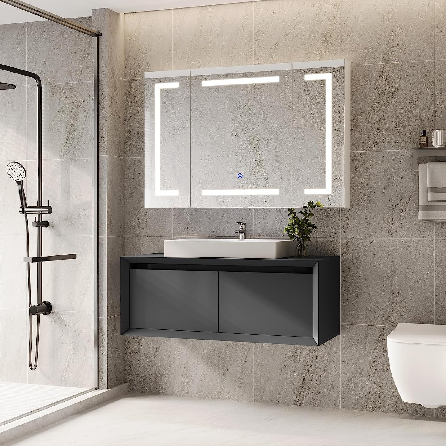 Lighted Medicine Cabinet with Mirror&LED Light for Bathroom,Wall Mounted Bathroom Mirror Cabinet with Storage and 2 Outlet and 3 Doors for Home, White, 39.4" x 23.6"