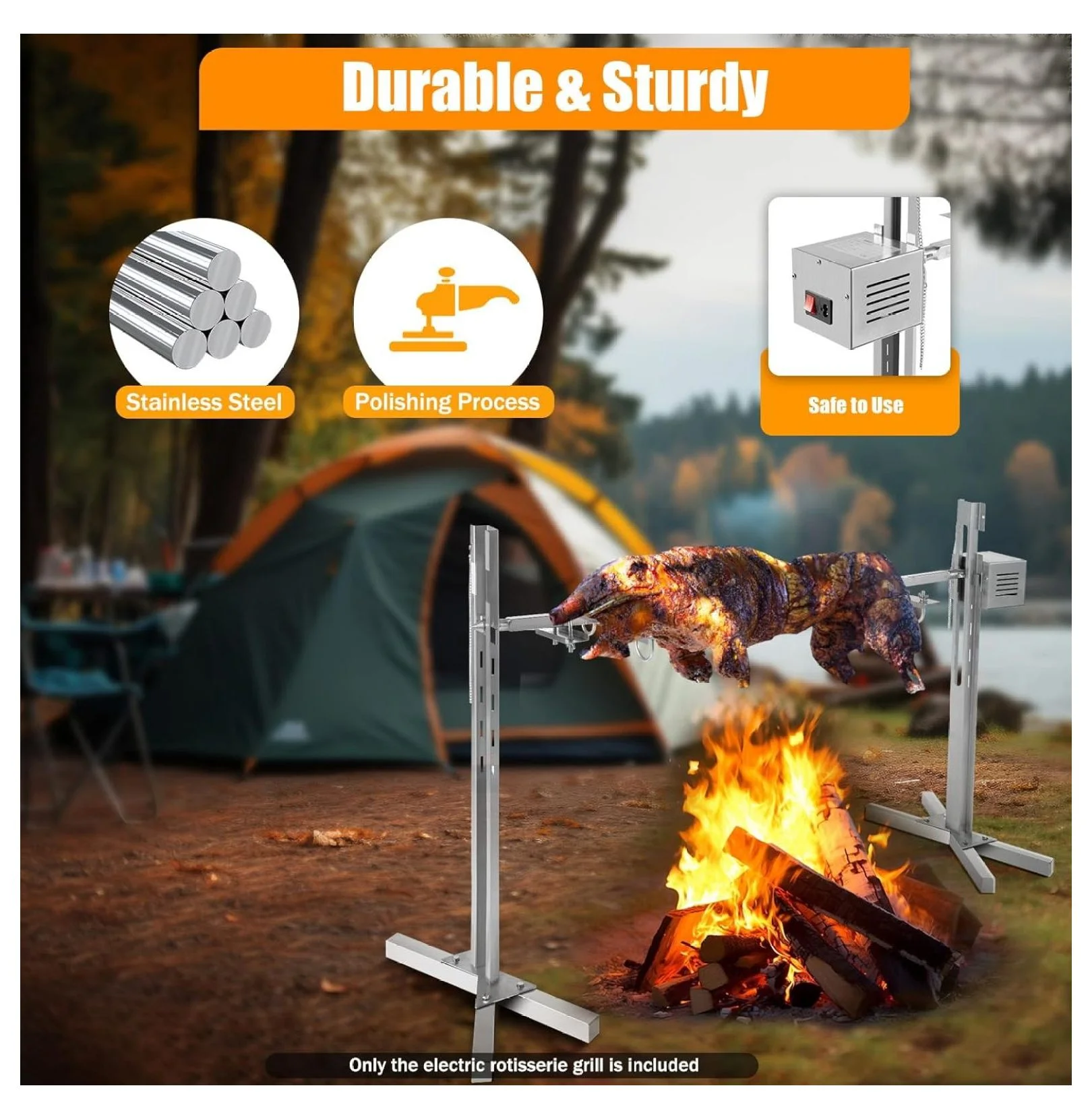53" Electric Rotisserie Grill Kit, 88.18lbs Capacity Large Spit Roaster BBQ Grill 360 Rotatable Outdoor Picnic Cooker Grill 25W with Adjustable Height, for Outdoor Camping Party