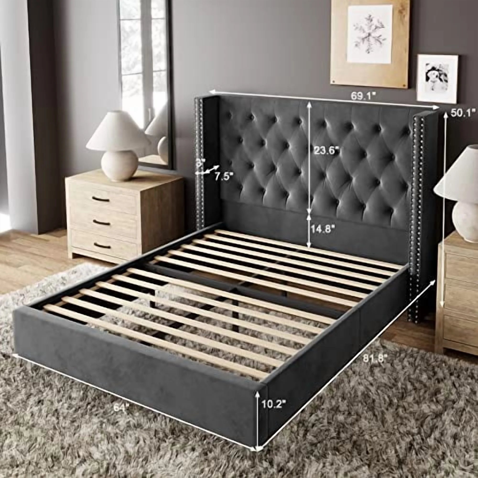 VanAcc Queen Bed Frame Upholstered Bed Wingback Headboard Velvet Tufted Diamond Button/No Box Spring Needed/Easy Assembly/Gray