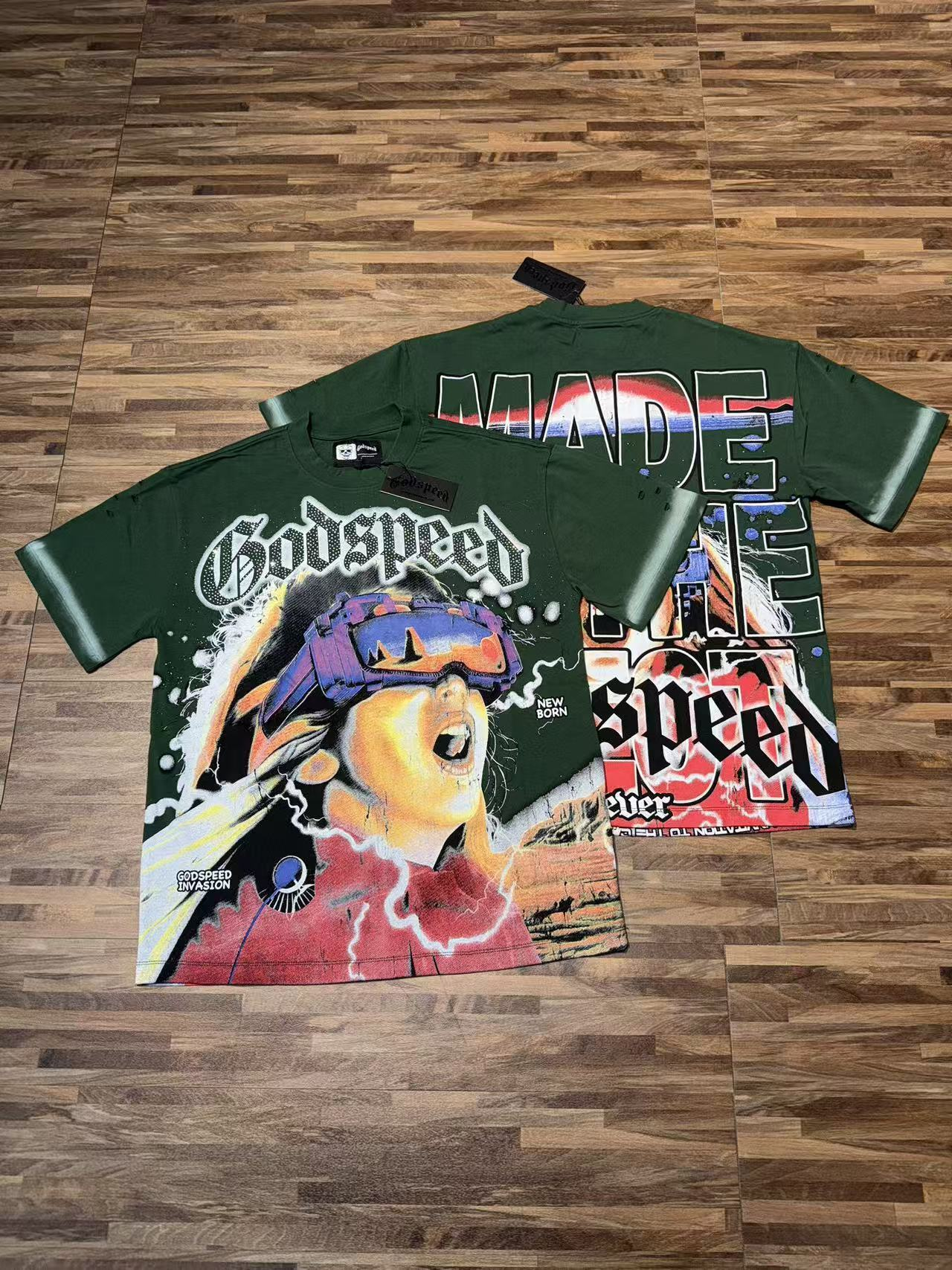 Dark green American rock street style washed vintage short-sleeved shirt