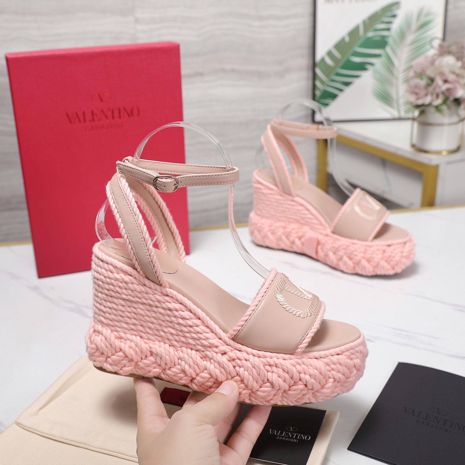 Valentino Garavani Pink Smooth Leather VLogo Embroidered Platform Jute Wedge Espadrille Sandal Heels