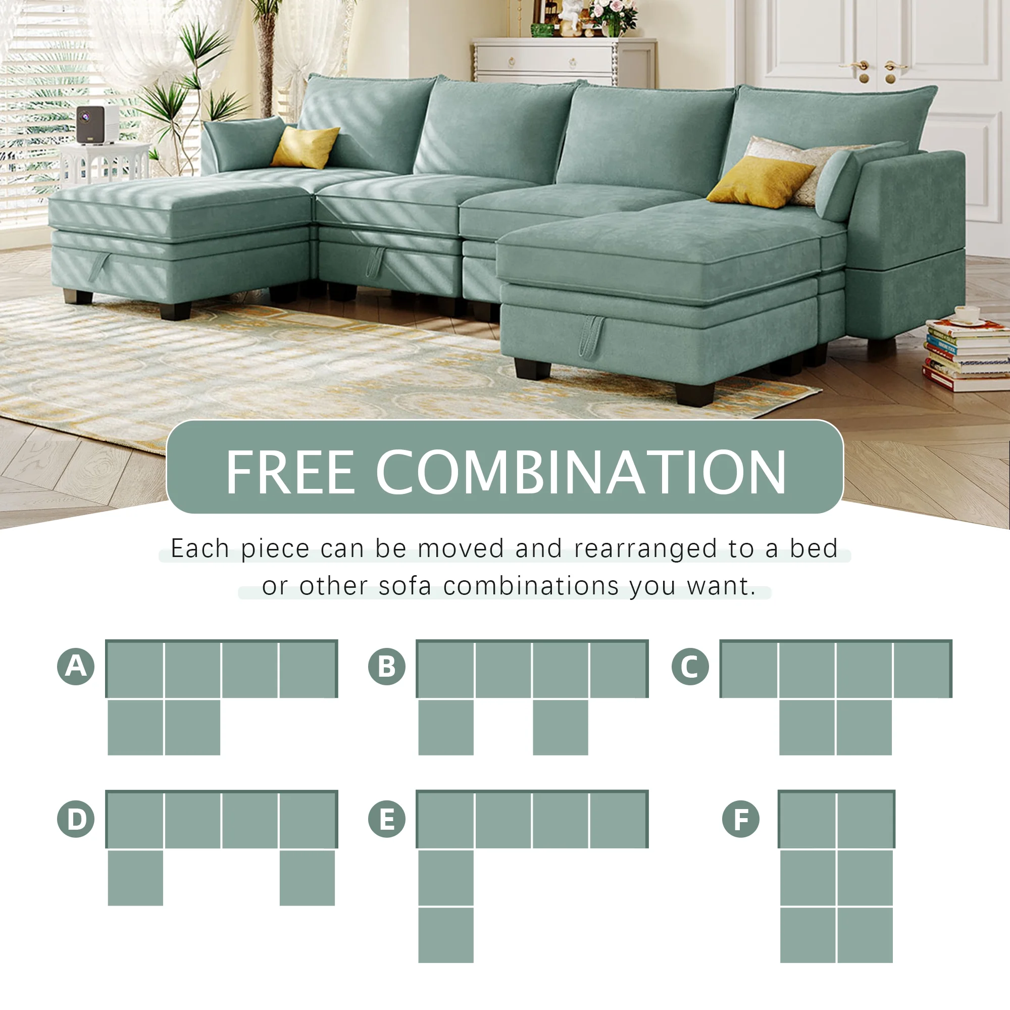 EUROCO 115" Large U/L Shaped Sectional Sofa, 1200LBS 6 Seat Convertible Couch Queen Size Sleeper Bed with Storage Seat and Removable Cushions, Modular Sofa with 2 Stools