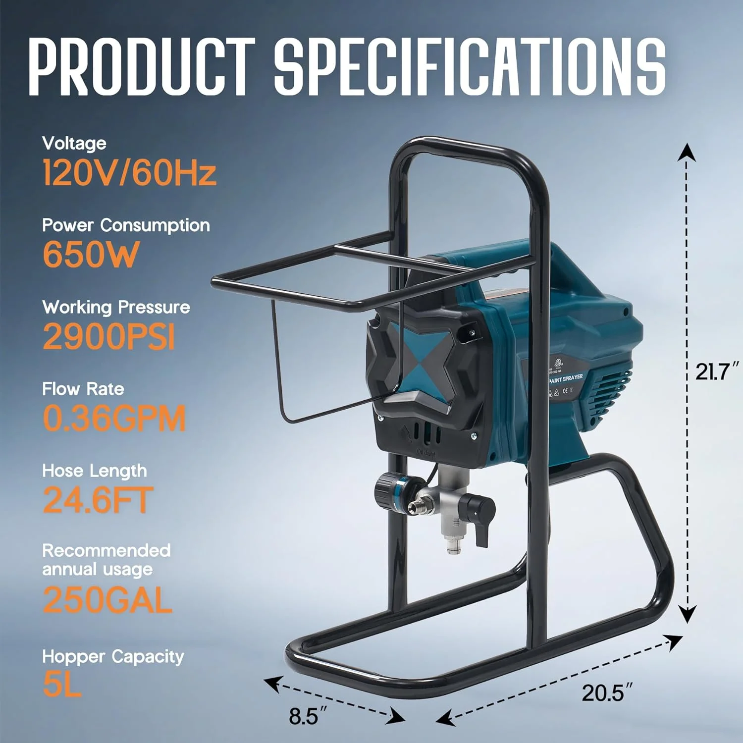 Jocisland High-Pressure Airless Paint Sprayer with 5L Hopper Capacity,650W, 2900 PSI Paint Sprayer with Two Spray Tips Options, for Professional and DIY Use