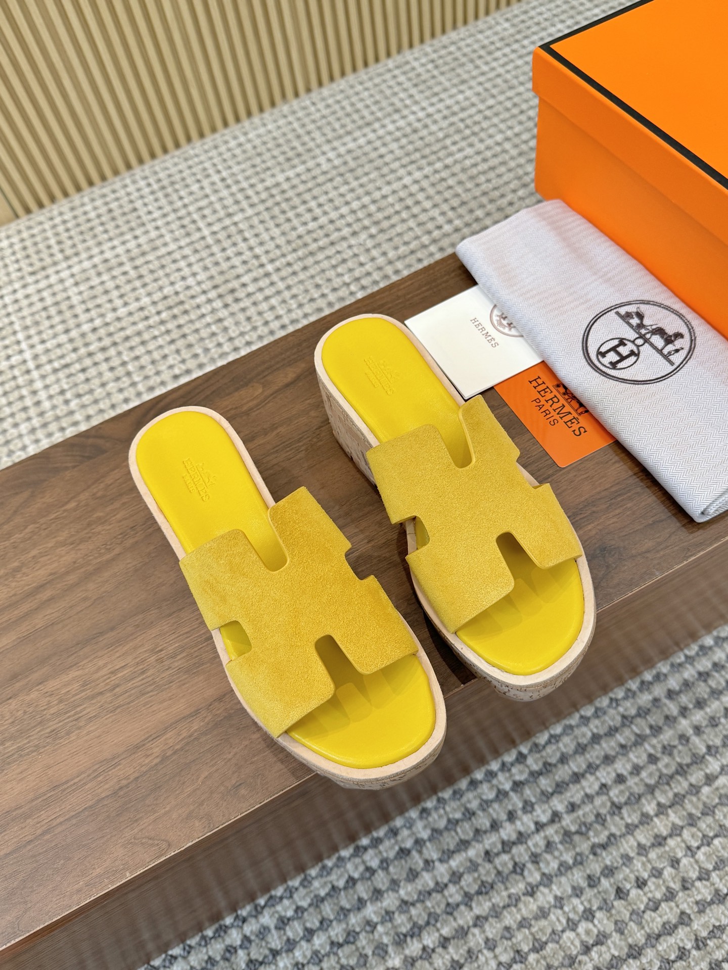 Hermes Yellow Suede Leather H-Cutout Cork Sole Slide Sandal