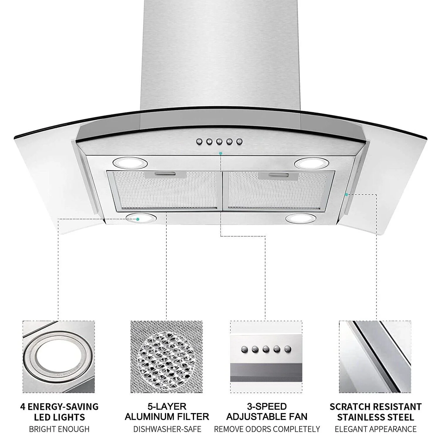 30 inch Island Mount Range Hood 900CFM  Tempered Glass 3-Speed Vent Hood Stainless Steel Dishwasher