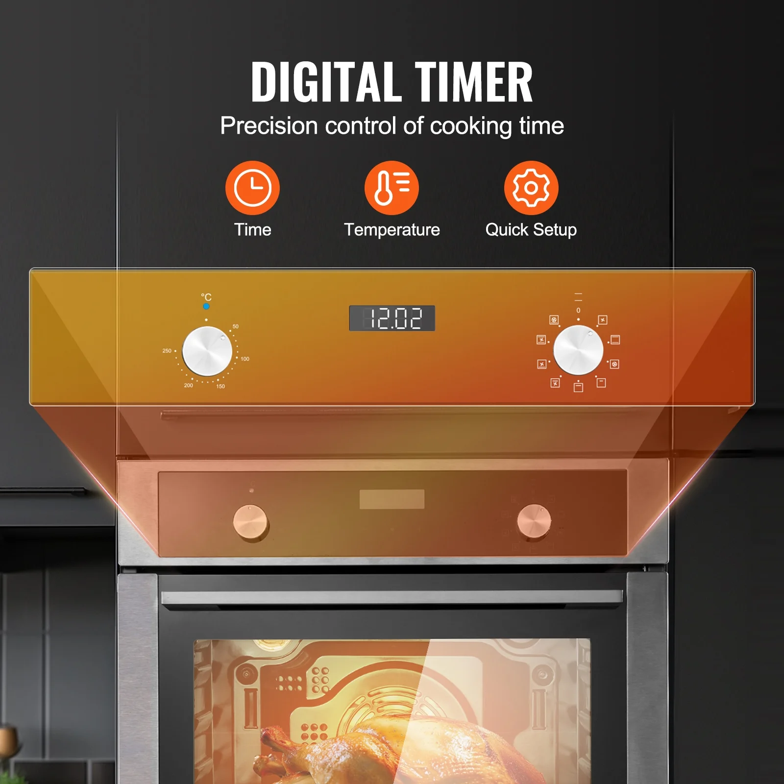 KFFKFF Single Wall Oven, 24" Electric Oven for Built-in Installation, Offers 9 Cooking Modes, 2.68 Cu.Ft Capacity, Includes Timer, 2800W Power