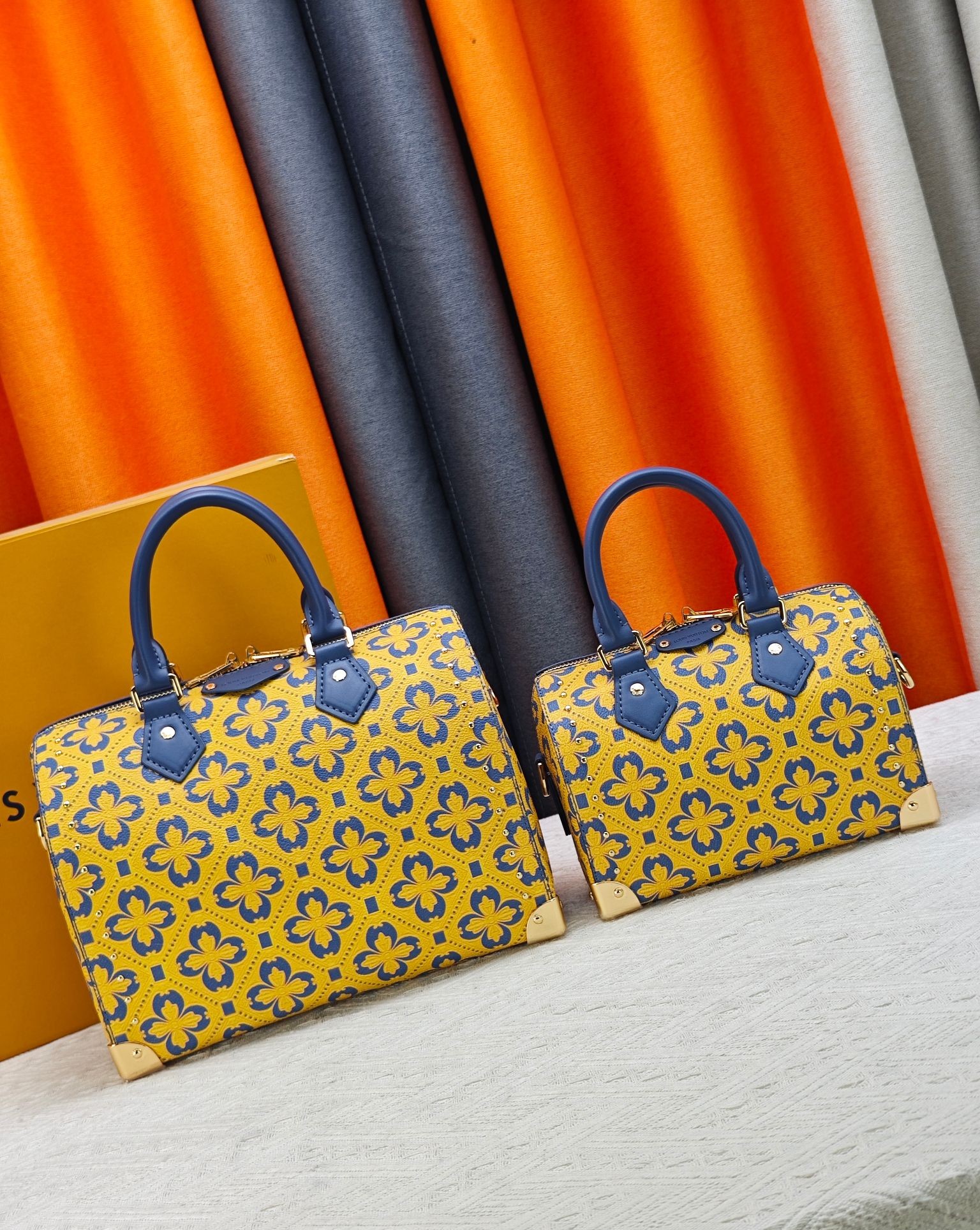 LV Speedy 20/26 Trunk Monogram Heritage Yellow Blue Leather Studded Boston Top Handle Bag