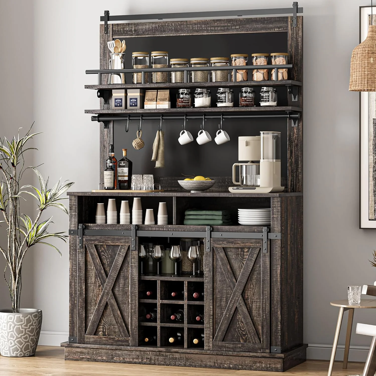 M optimized Coffee Bar Cabinet, Farmhouse Buffet Cabinet with Storage, 75" Tall Bar Cabinet Kitchen Buffet Sideboard with Sliding Barn Door, Coffee Hutch Cabinet for Dining Room