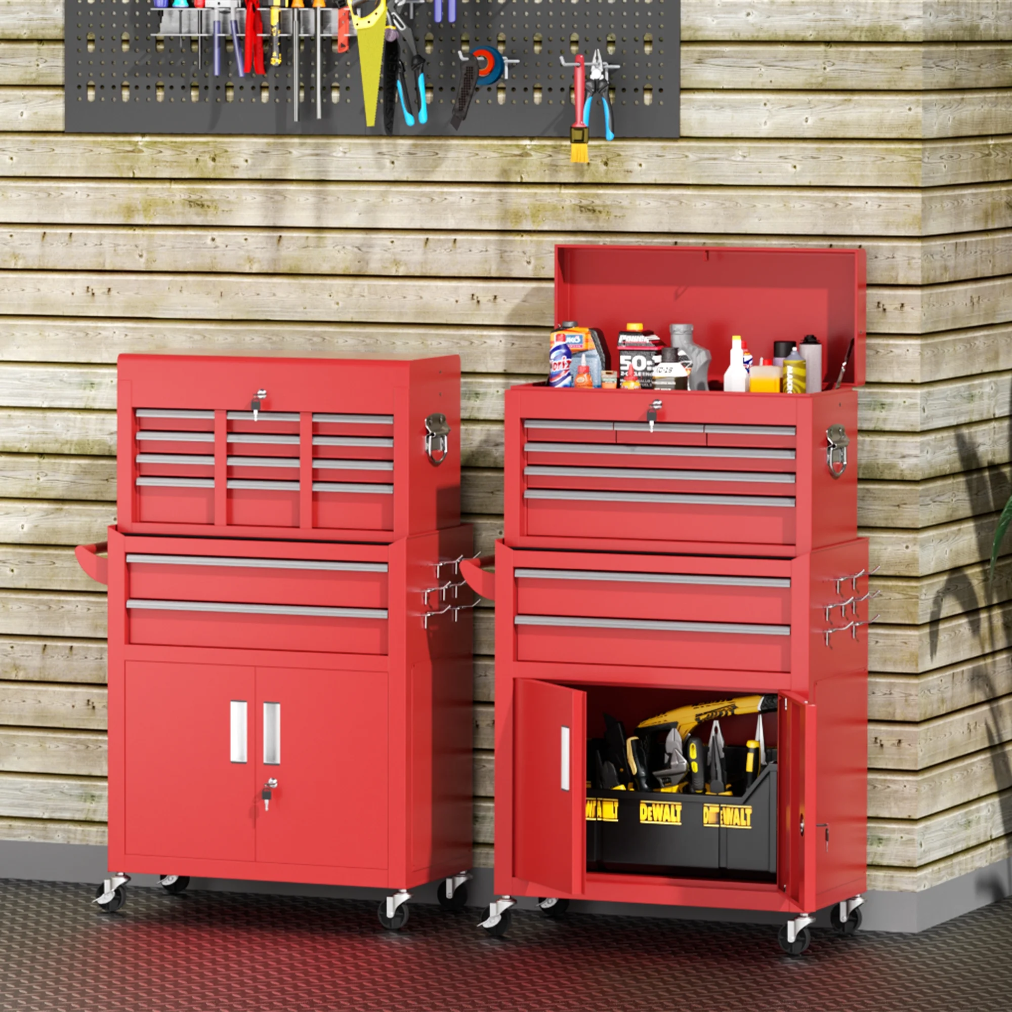 SUNCROWN Tool Chest,8-Drawer Rolling Tool Chest with Detachable Top Tool Box, Tool Chest with Universal Lockable Wheels, Metal Tool Cart for Garage, Workshop, Barbershop(Red)