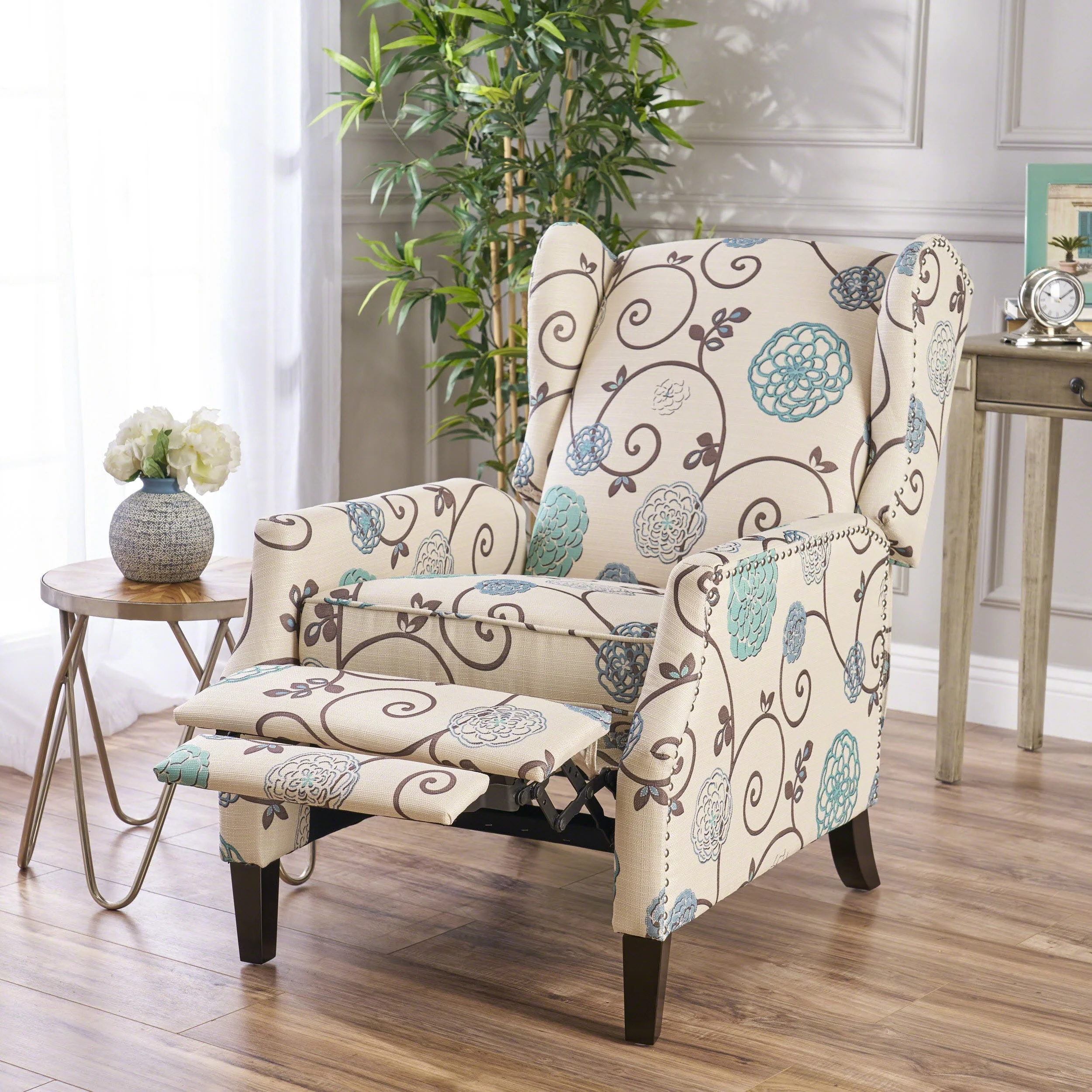 Noble House Allan Standard Fabric Wingback Pushback Recliner, Light Beige