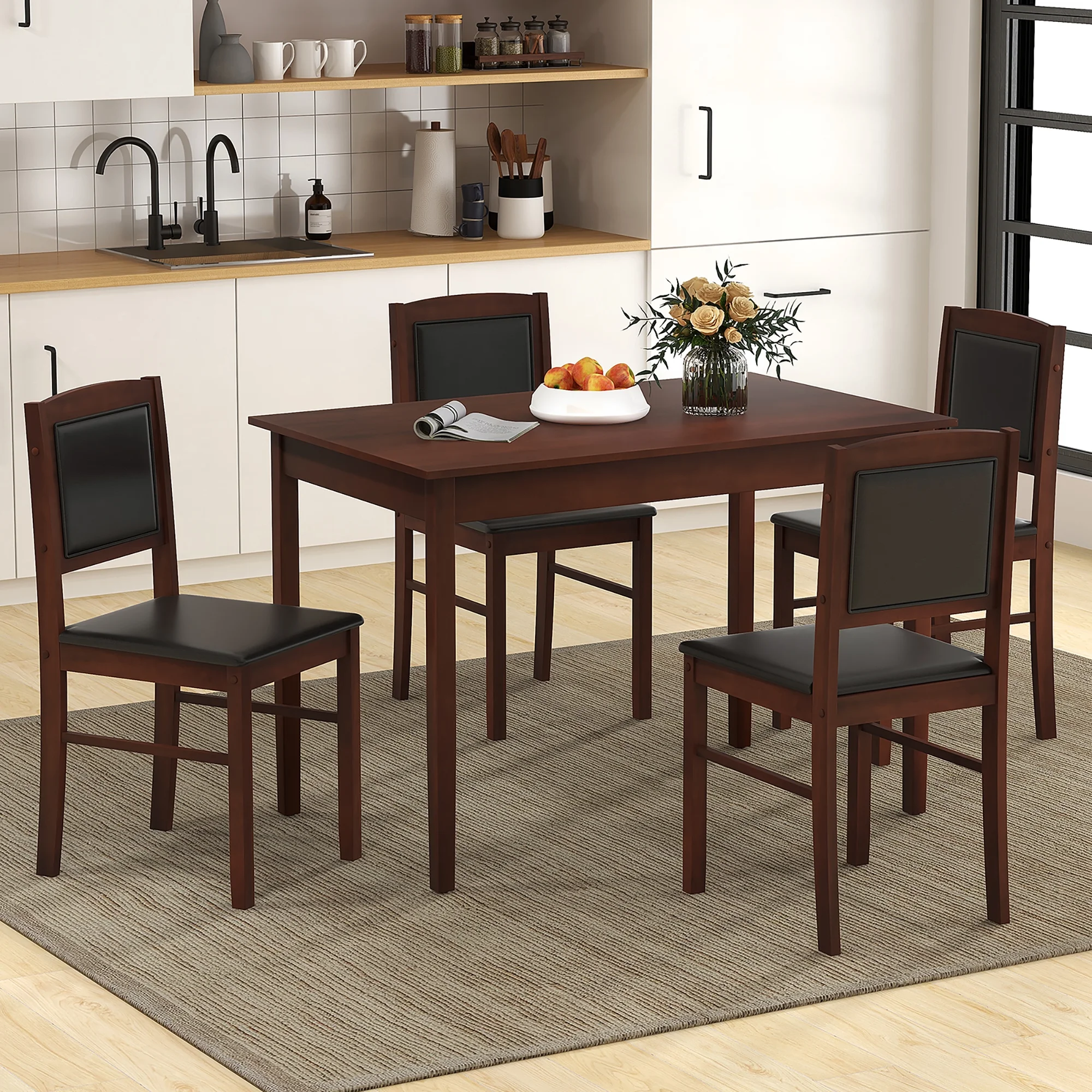 Gymax 5 PCS Dining Table Set for 4 w/Rubber Wood Legs Upholstered Seat Padded Backrest Brown