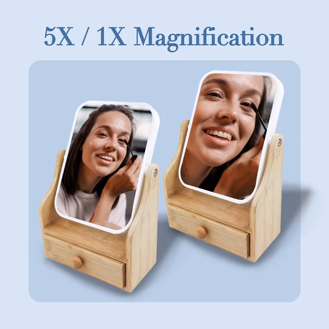 PURSONIC  Dual-Sided Vanity Mirror with Bamboo Drawer Base