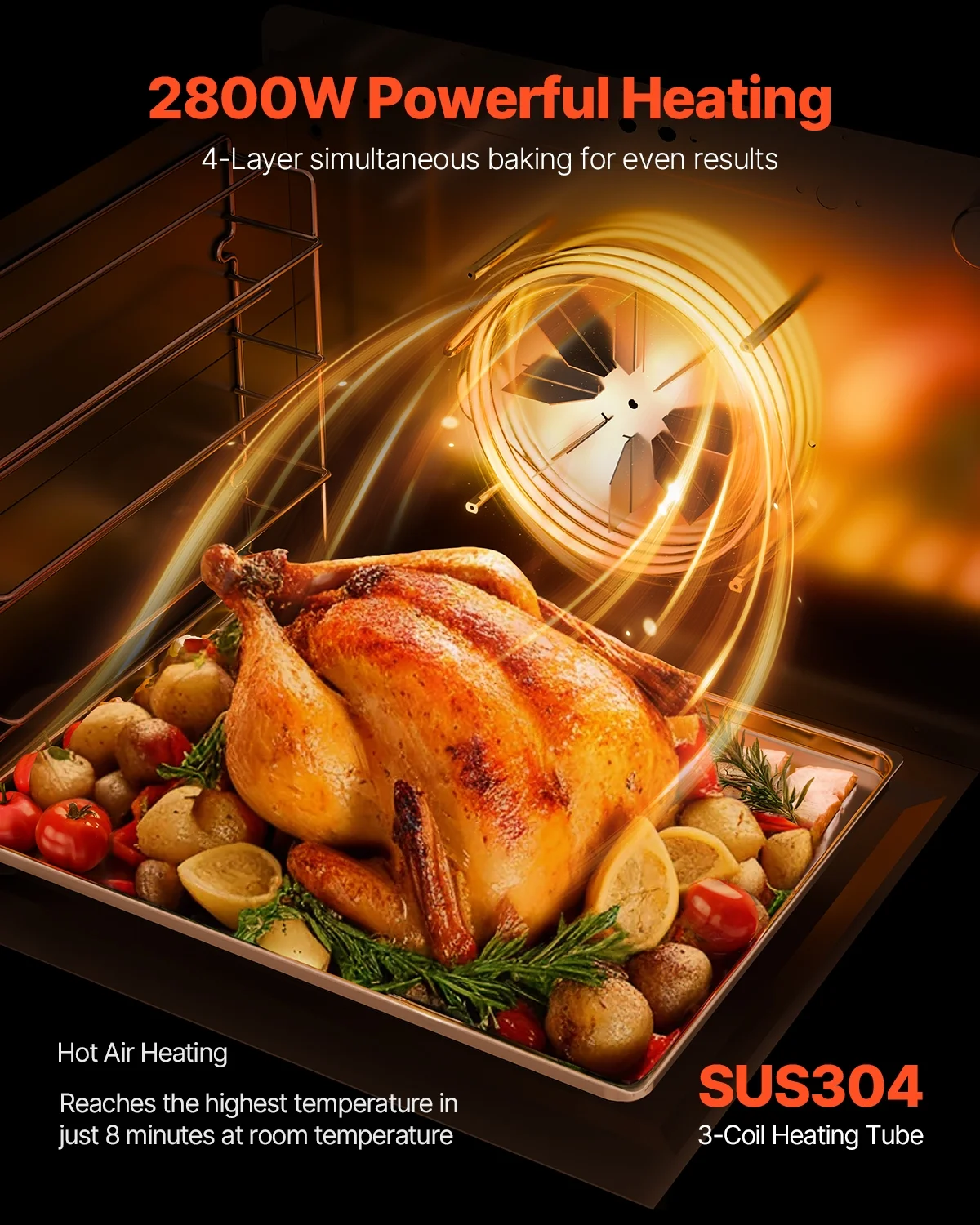 KFFKFF Professional Counter-Top Oven, 66L 4-Level Roasting Oven, 2800W Electrical Cooking Oven with Reinforced Glass Door, Wire Shelves, Clip Tray, Gloves, Stainless Steel Industrial Oven