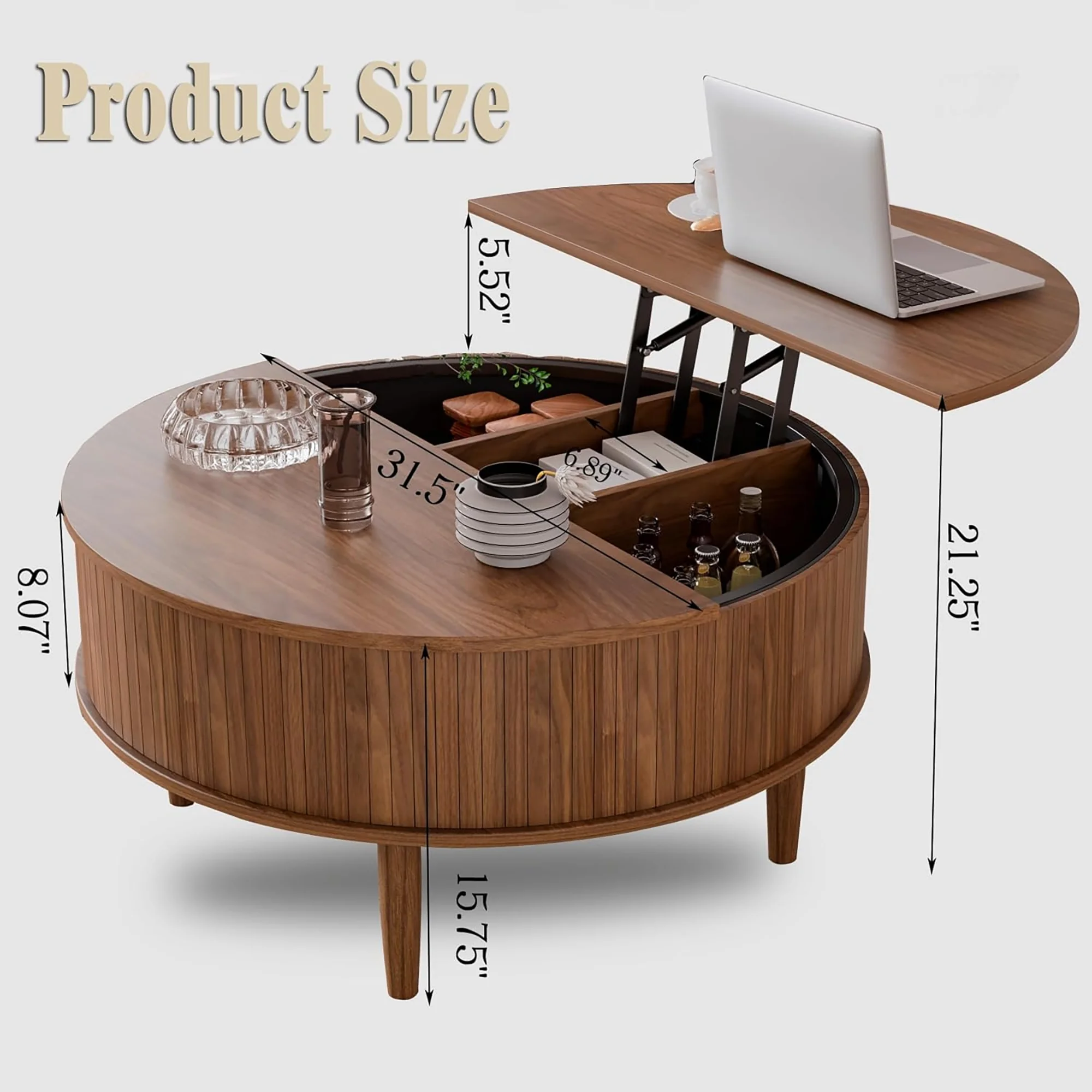 Oubayajia Round Coffee Table, Small Fluted Lift Top Center Table for Home Living Room Office, Walnut