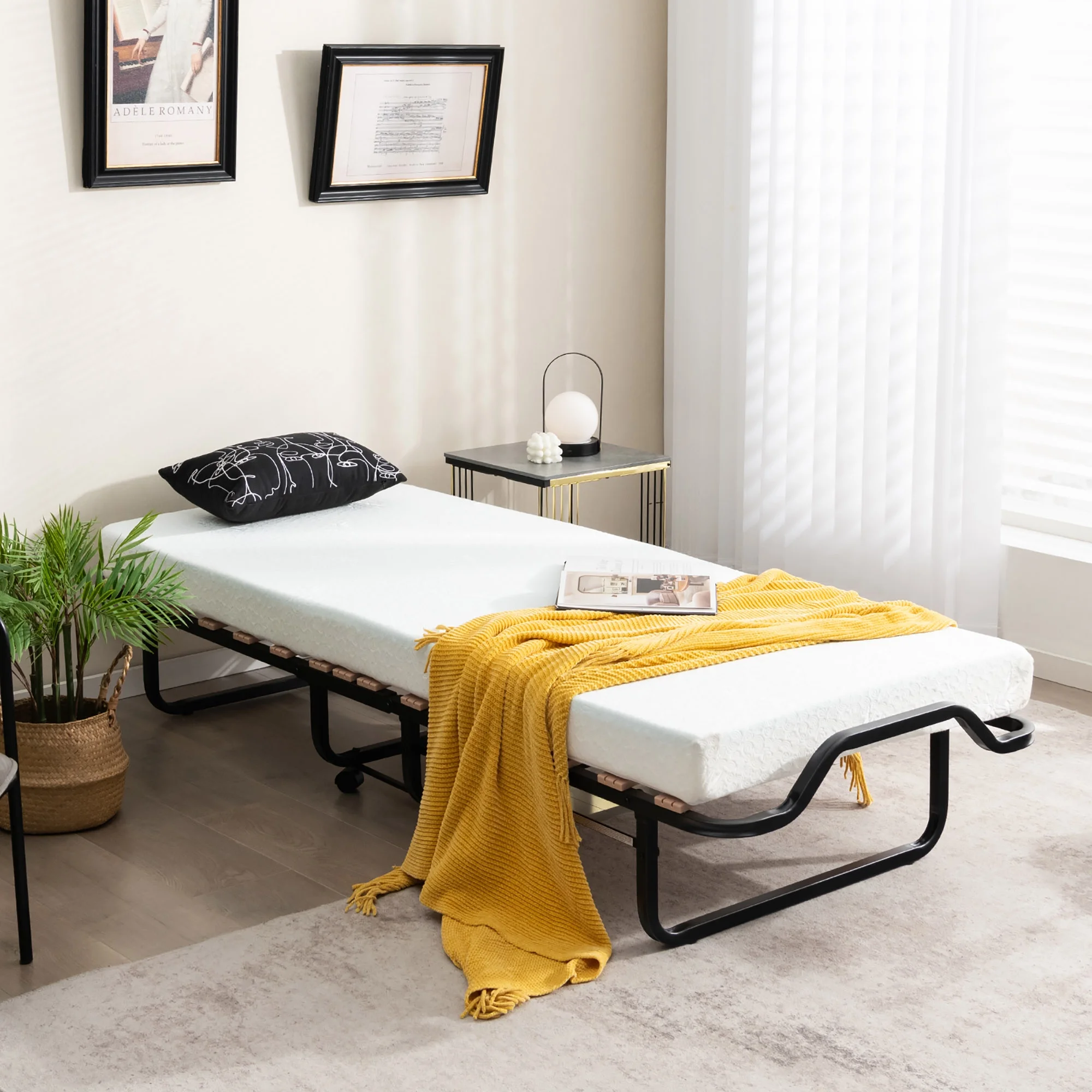 Gymax Portable Foldable Guest Bed w/ Solid Wood Slats & Metal Frame Rollaway Bed for Adults w/ Wheel
