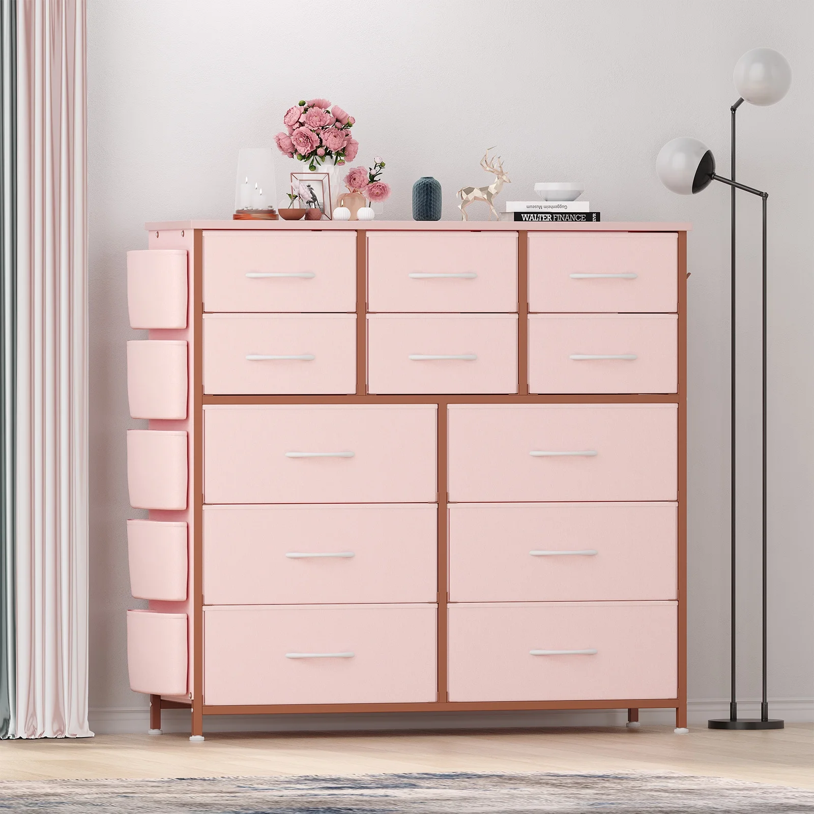 KATIDAP Dresser for Bedroom with 12 Drawer, Dressers & Chests of Drawers for Hallway, Entryway, Storage Organizer Unit with Fabric, Sturdy Metal Frame, Wood Tabletop, Easy Pull Handle,Pink