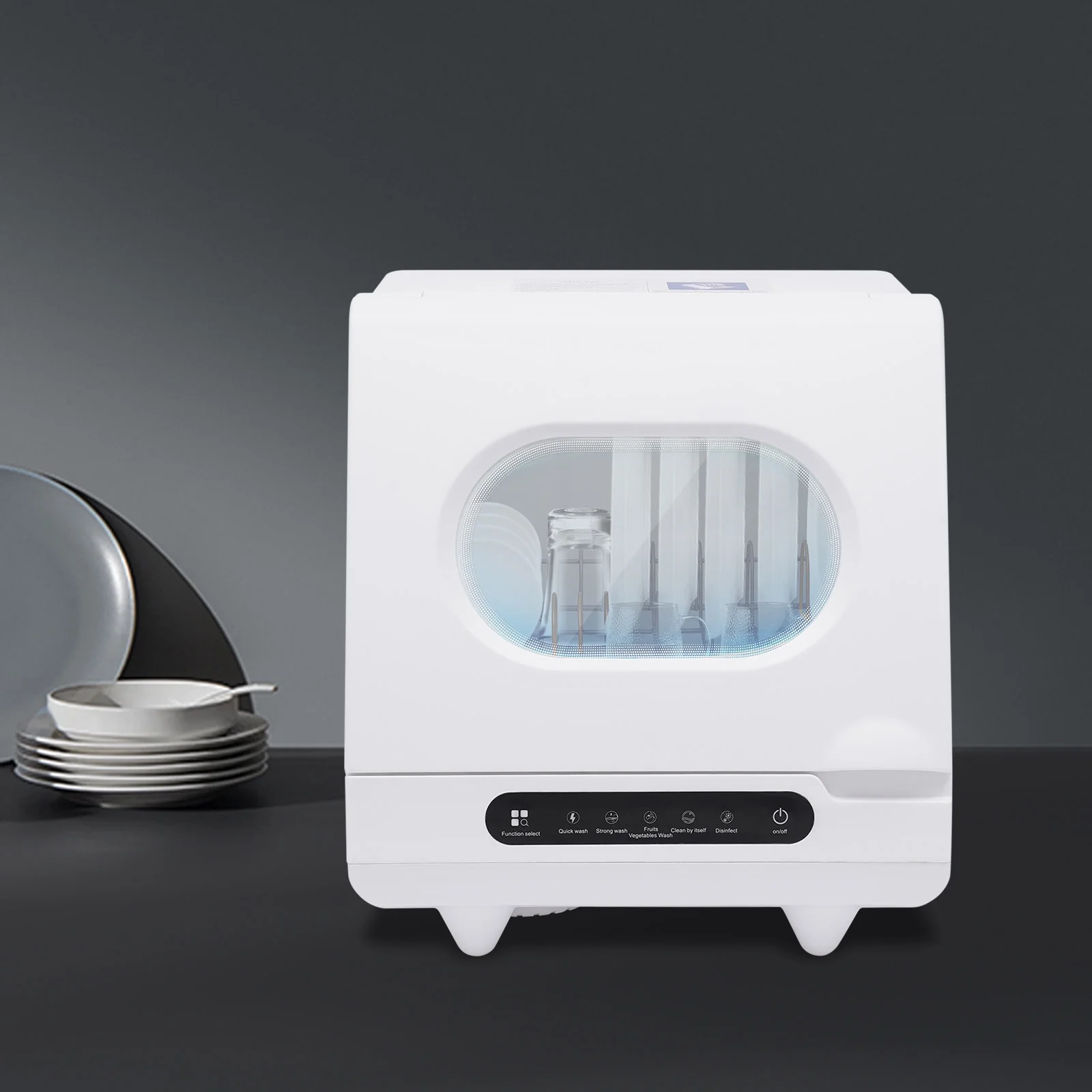 Flip-top Dishwasher White 5 intelligent washing functions Portable Countertop Dishwasher Compact  Low Noise Mini Dishwasher with Water Tank Leak-Proof Dry