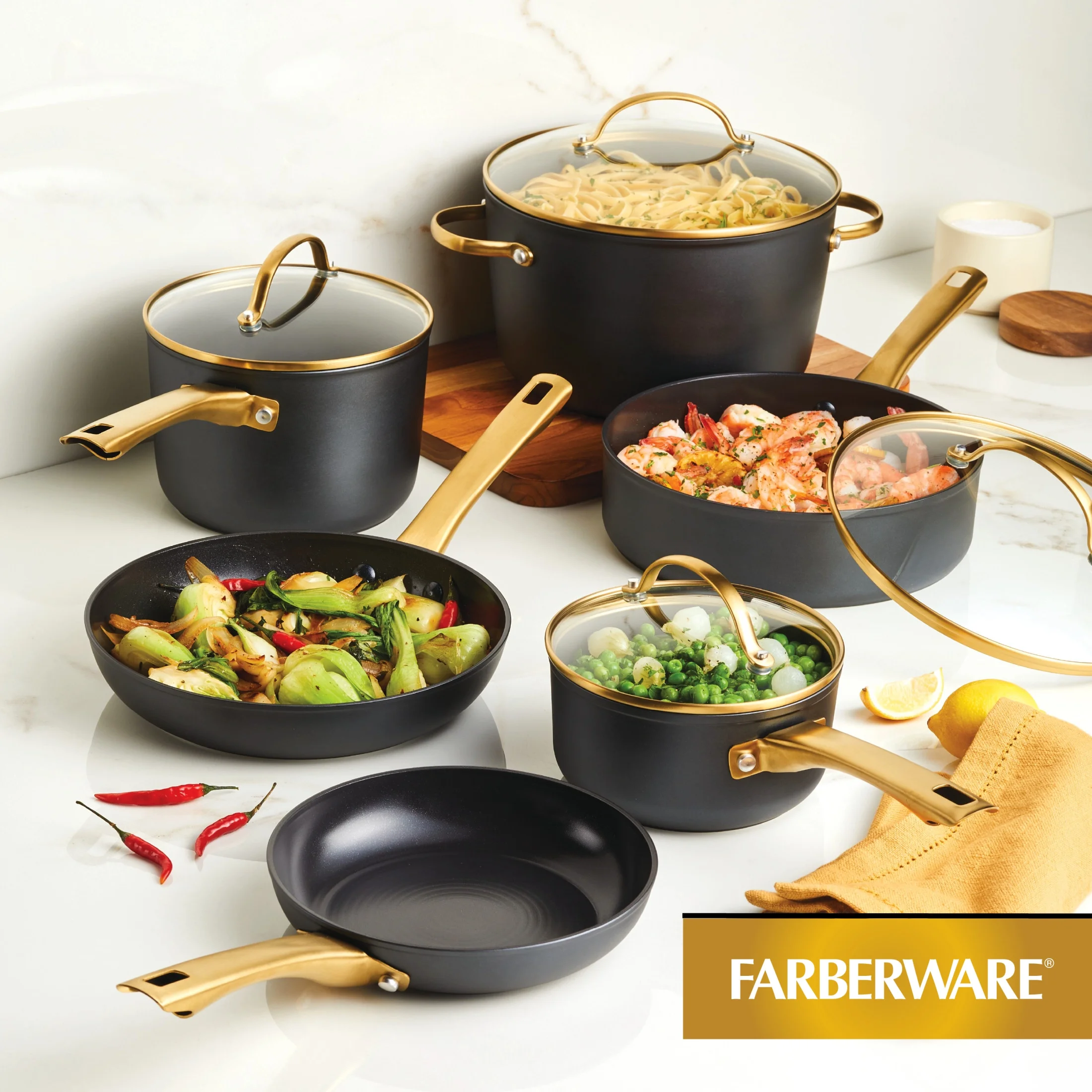Farberware Forged Induction 12 Pcs Ceramic Nonstick Set with Cooking Tools, Dishwasher Safe and Oven Safe to 500F, Black