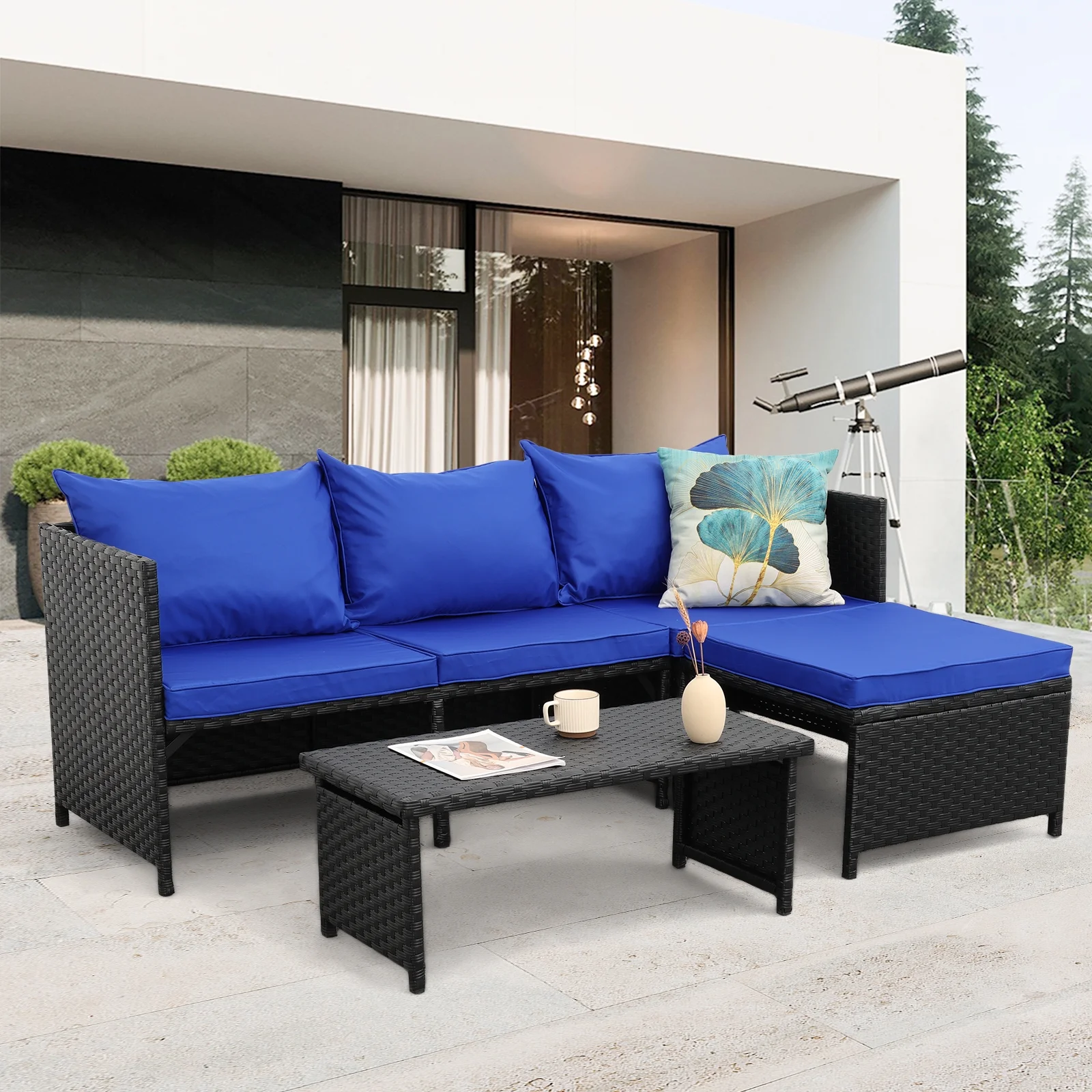 Waroom Outdoor Furniture Set 3 Pieces Patio Wicker Conversation Chairs and Coffee Table, Royal Blue